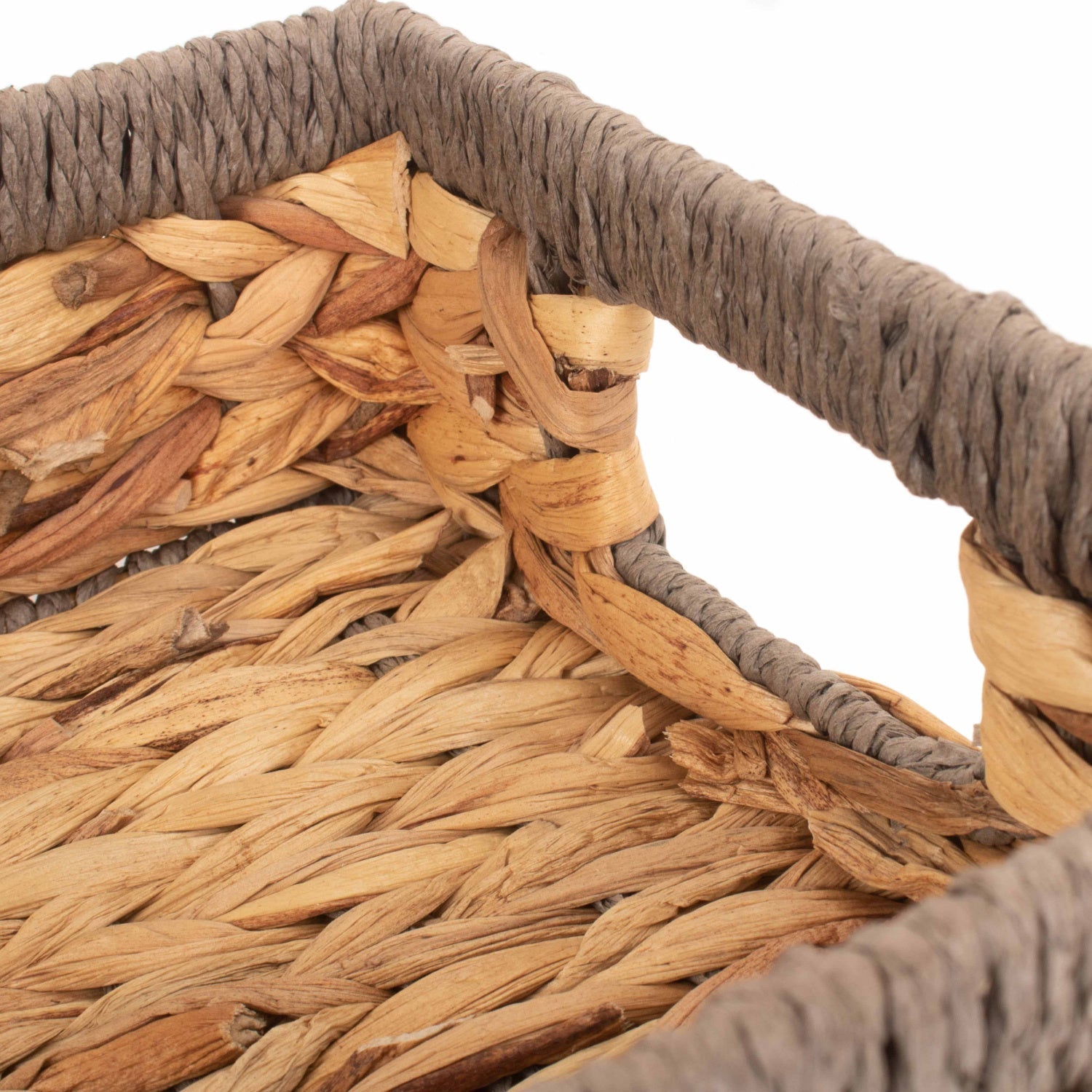 Small Shallow Rectangular Water Hyacinth Storage Tray Basket with Grey Rope Border - REGN