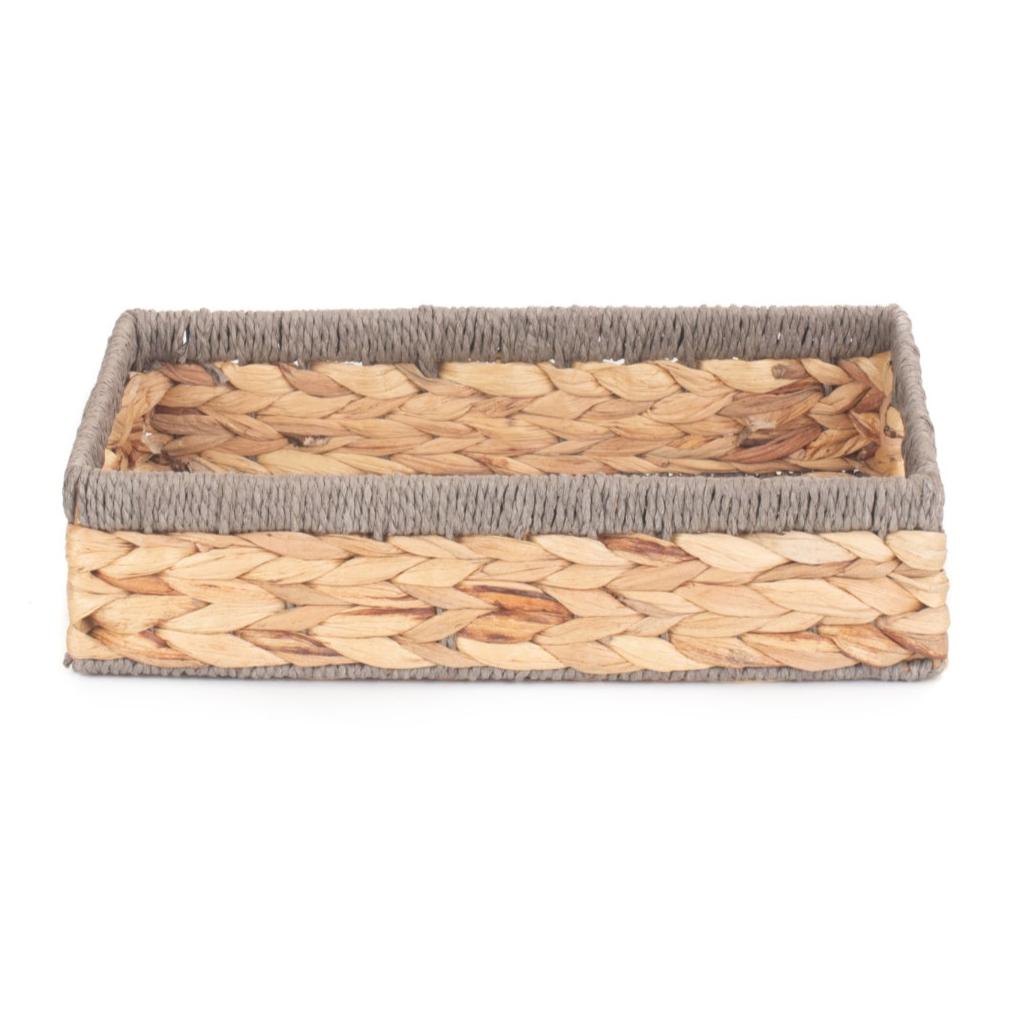 Small Shallow Rectangular Water Hyacinth Storage Tray Basket with Grey Rope Border - REGN