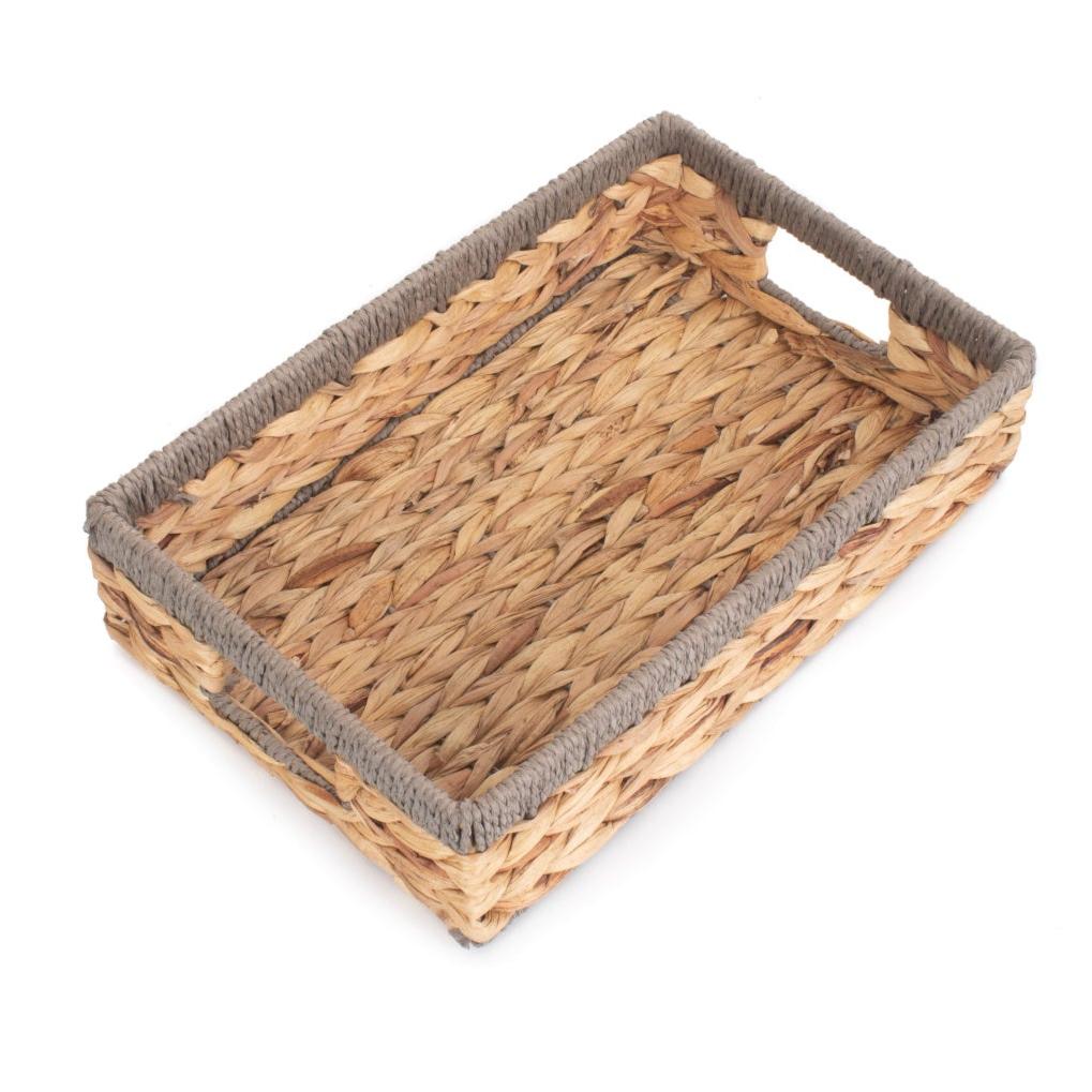 Small Shallow Rectangular Water Hyacinth Storage Tray Basket with Grey Rope Border - REGN