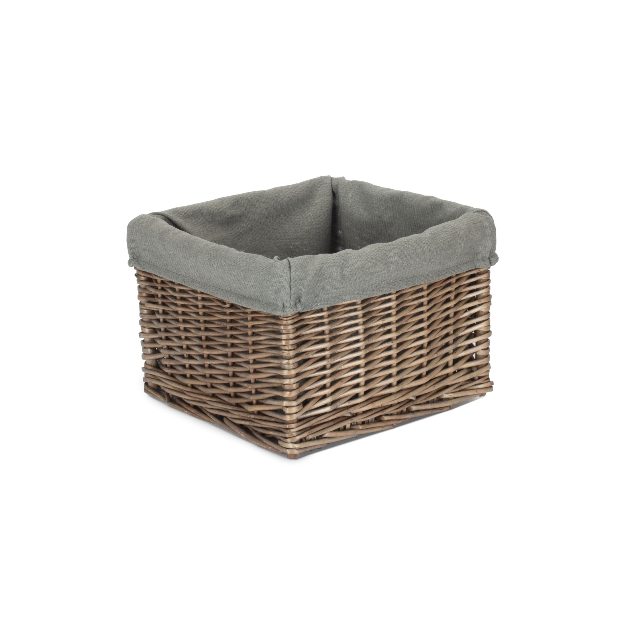 Small Square Antique Wash Willow Storage Basket with Grey Sage Lining - REGN