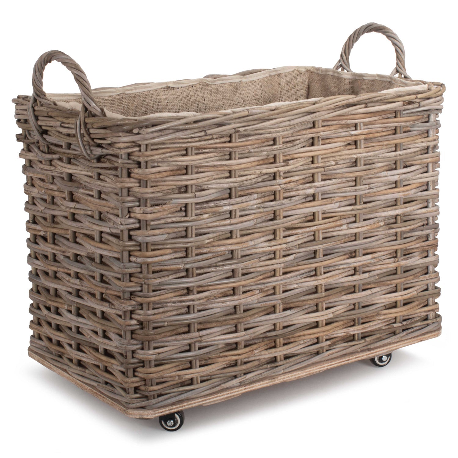 Small Wheeled Rattan Hessian Lined Log Basket - REGN