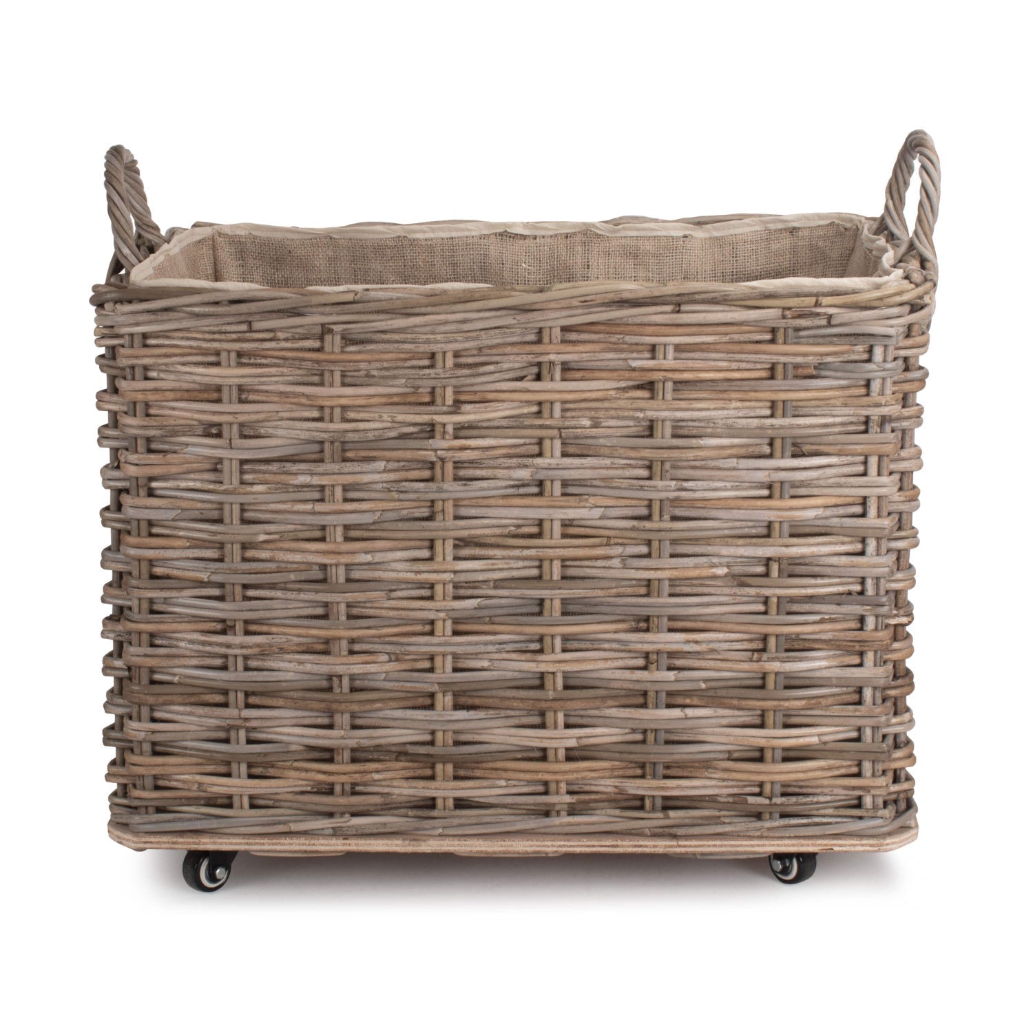 Small Wheeled Rattan Hessian Lined Log Basket - REGN