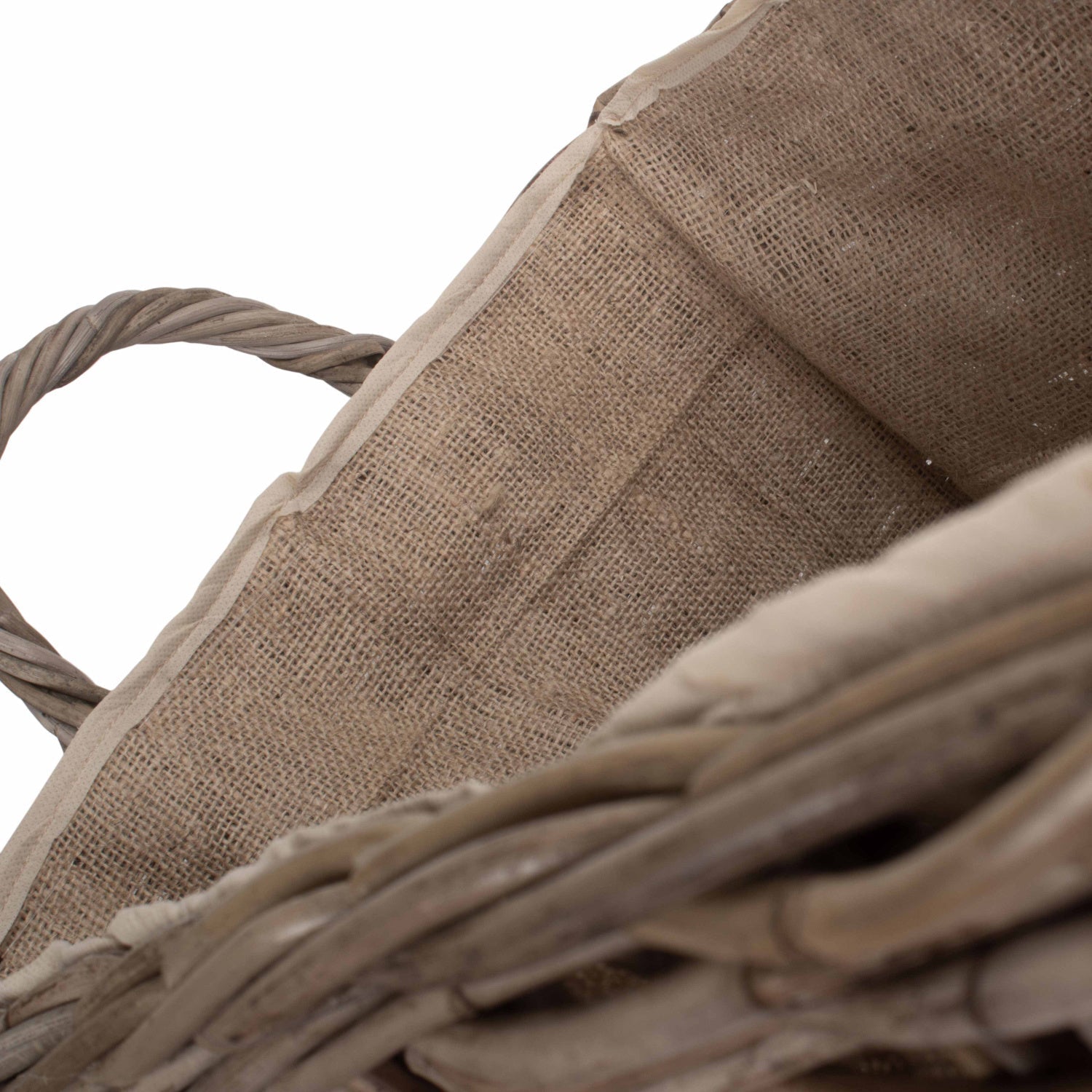 Small Wheeled Rattan Hessian Lined Log Basket - REGN