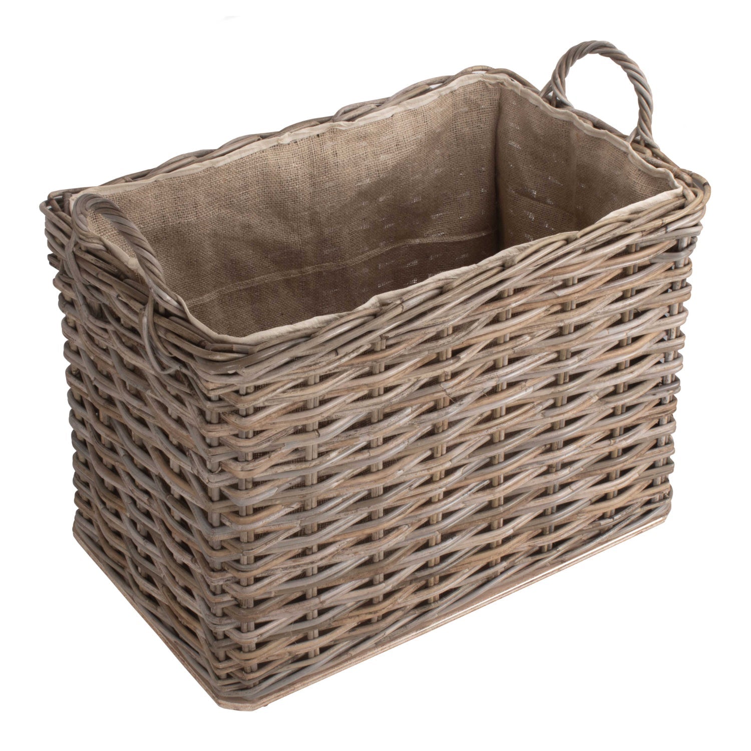 Small Wheeled Rattan Hessian Lined Log Basket - REGN