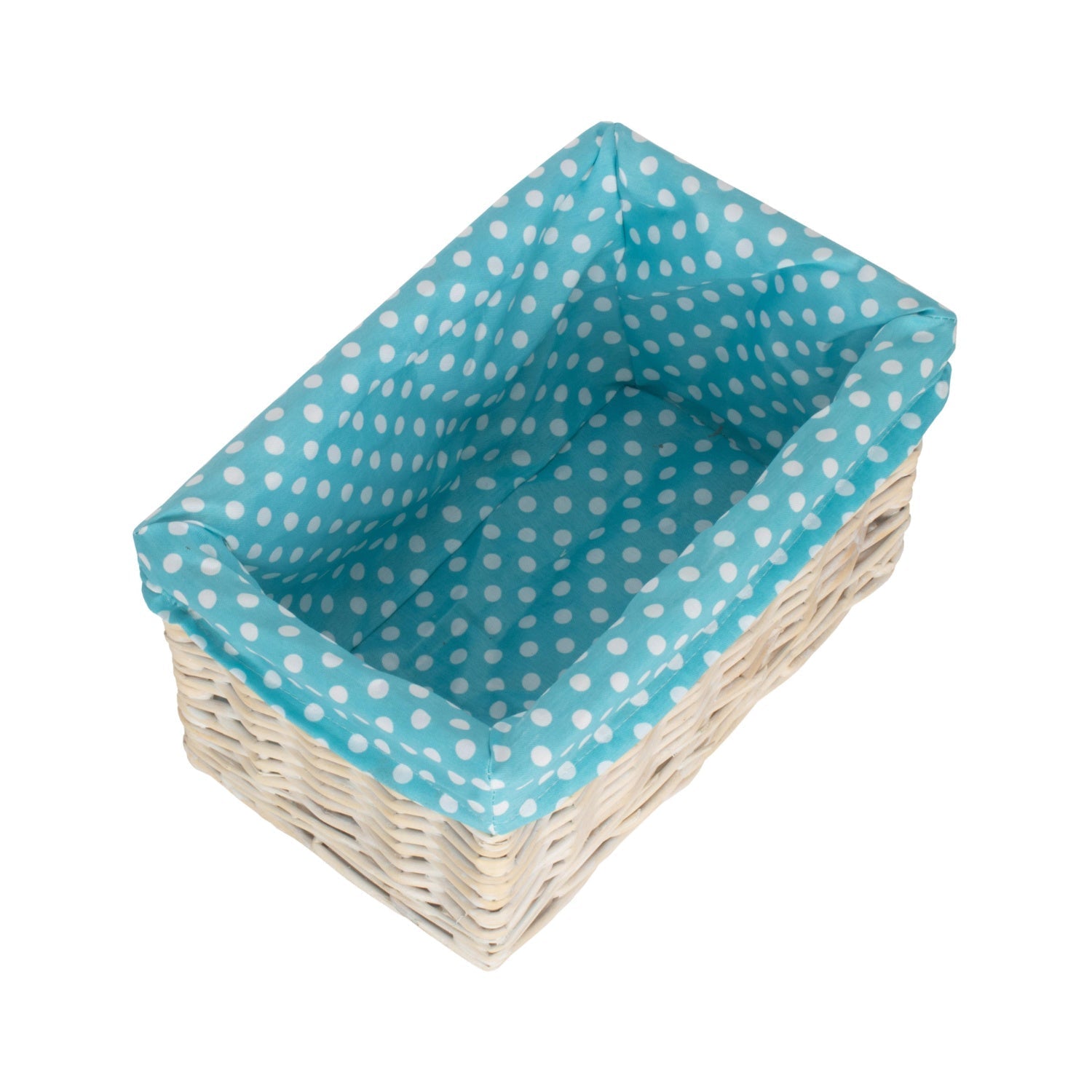Small White Wash Willow Storage Basket with Blue Spotty Lining - REGN