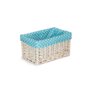 Small White Wash Willow Storage Basket with Blue Spotty Lining - REGN