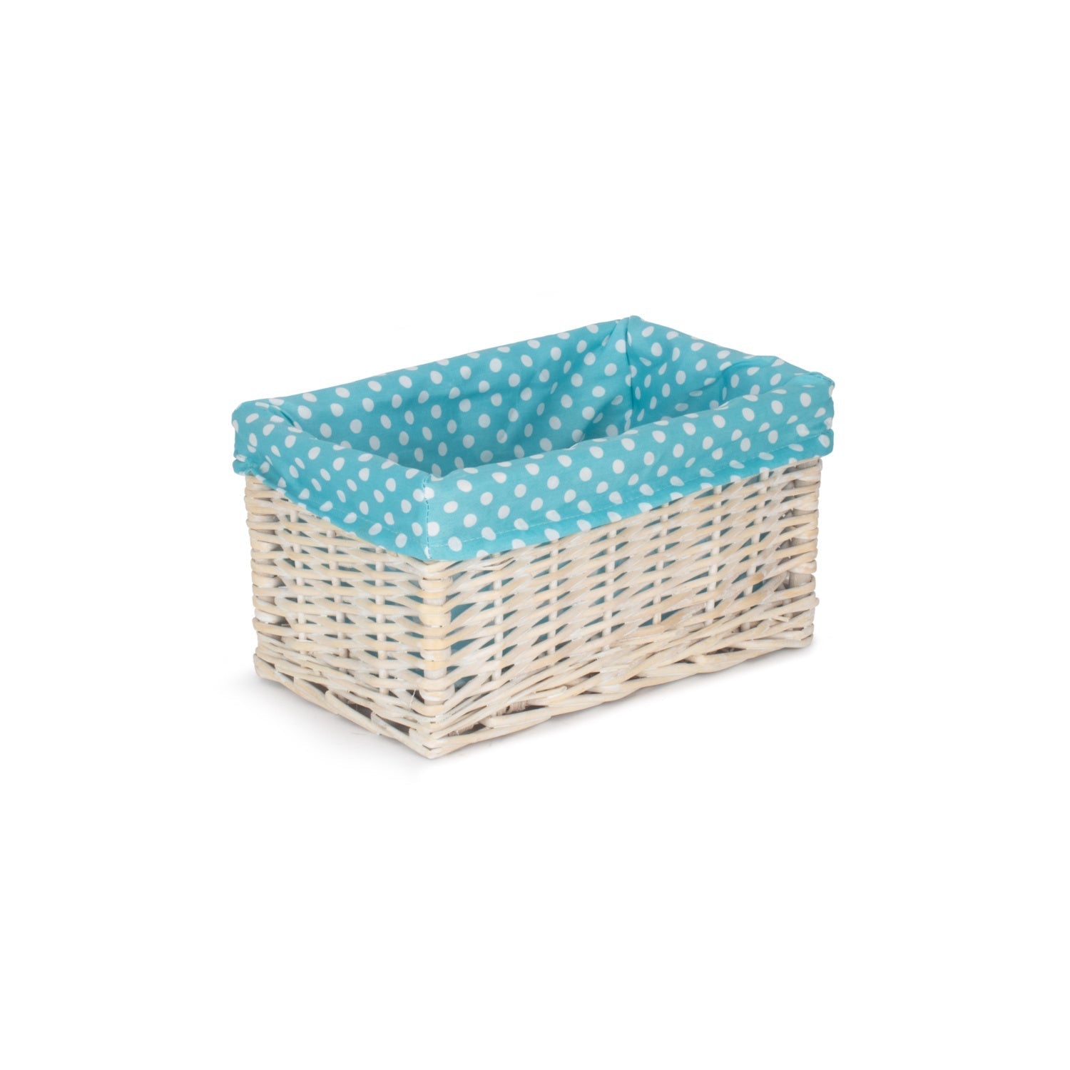 Small White Wash Willow Storage Basket with Blue Spotty Lining - REGN