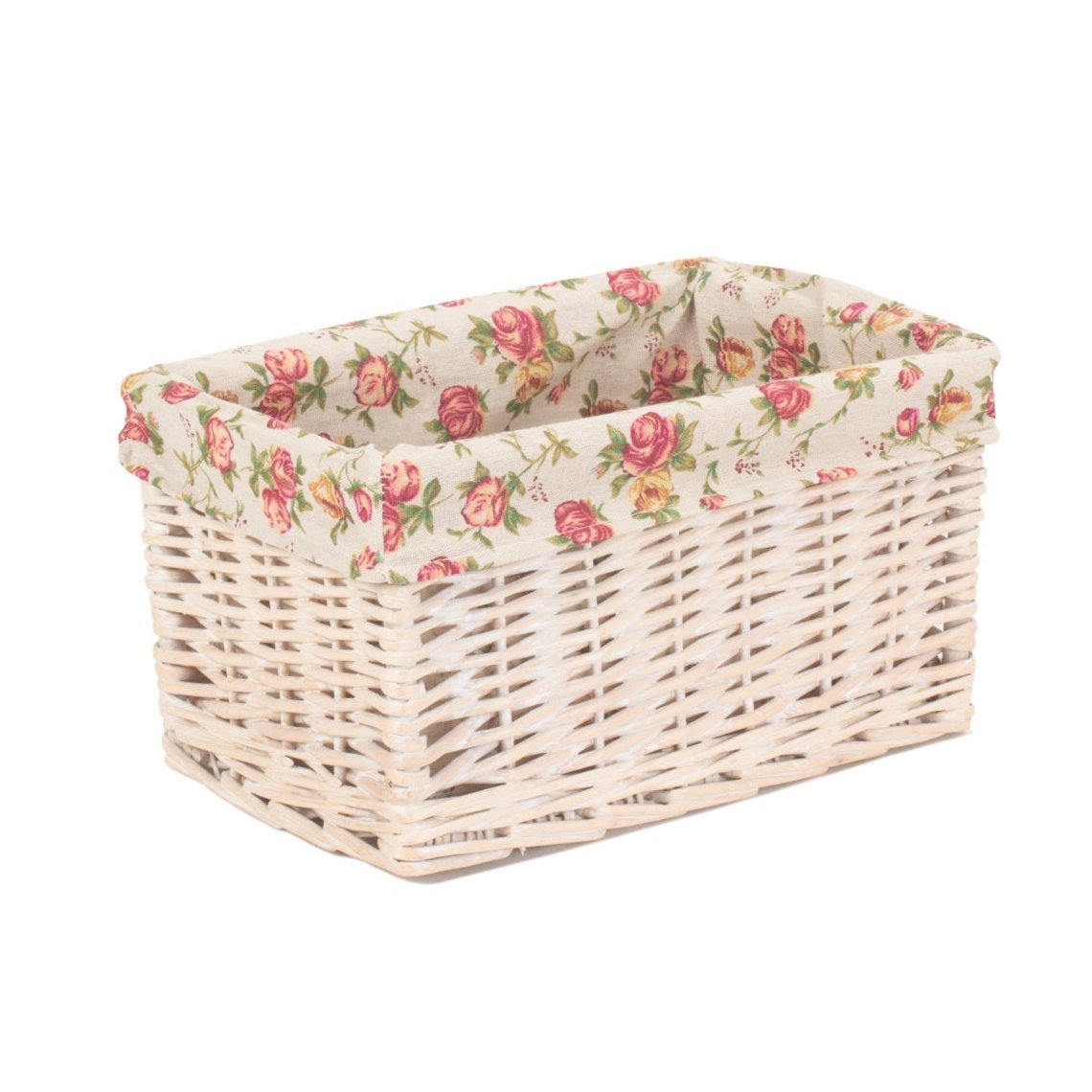 Small White Wash Willow Storage Basket with Garden Rose Lining - REGN