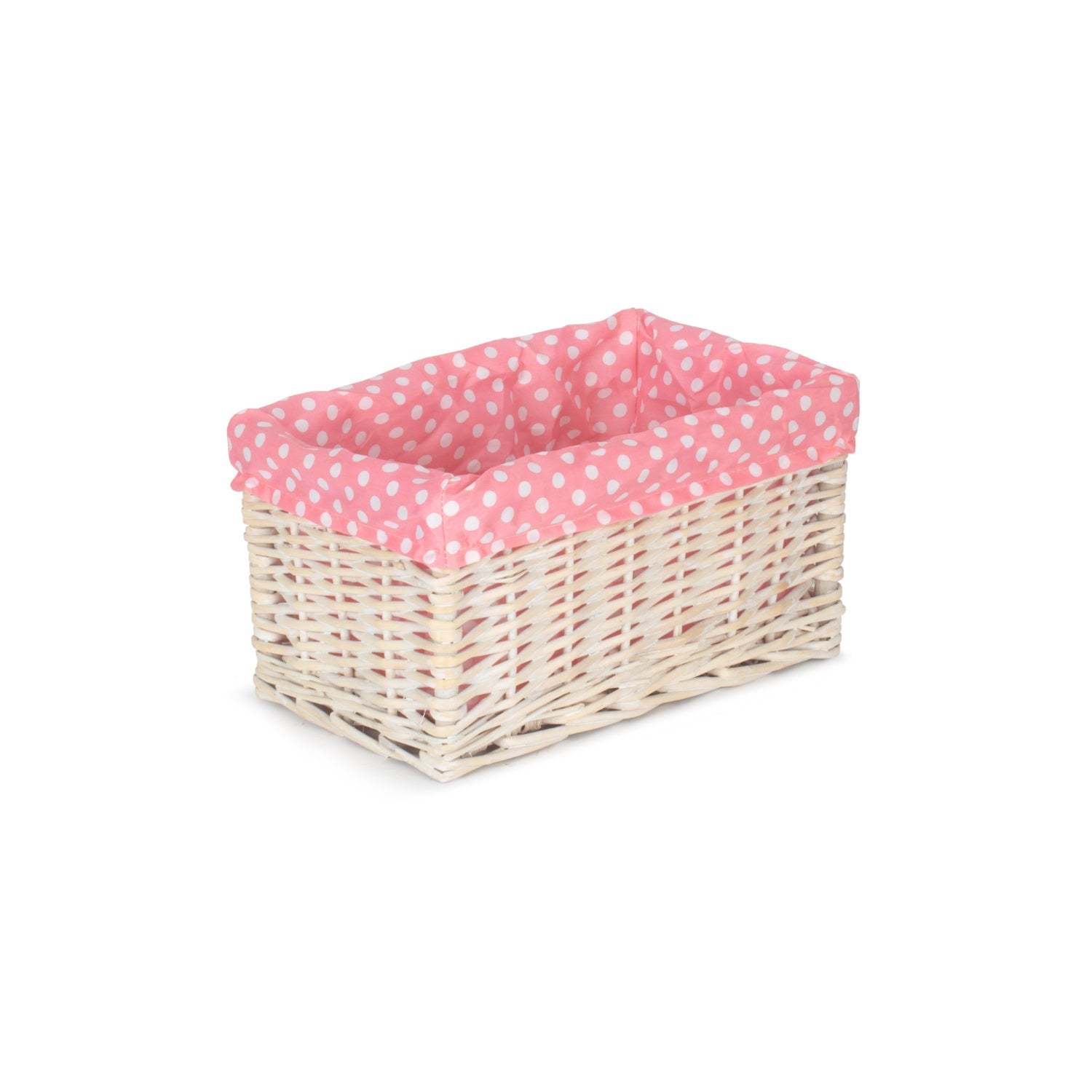 Small White Wash Willow Storage Basket with Pink Spotty Lining - REGN