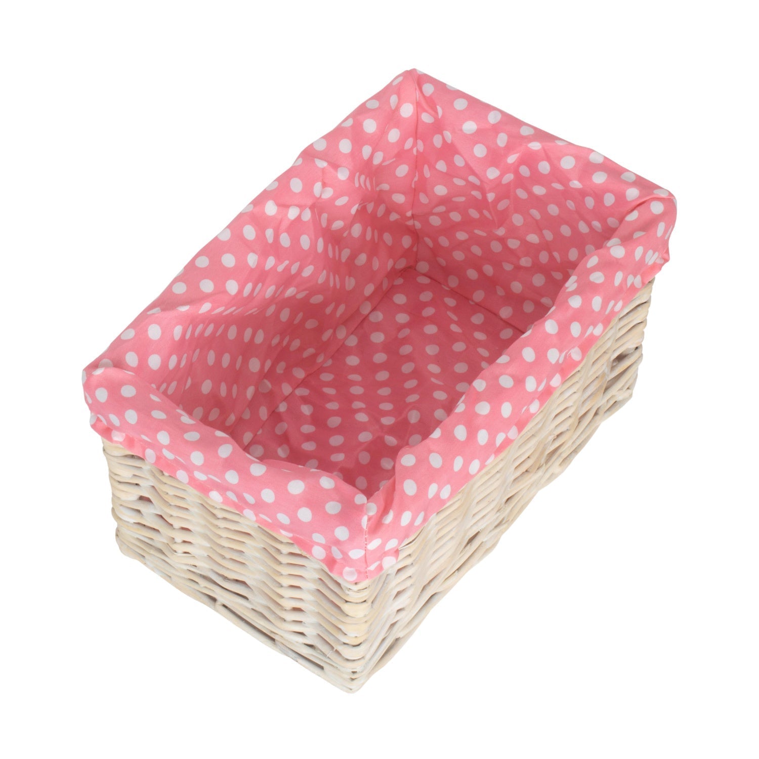 Small White Wash Willow Storage Basket with Pink Spotty Lining - REGN