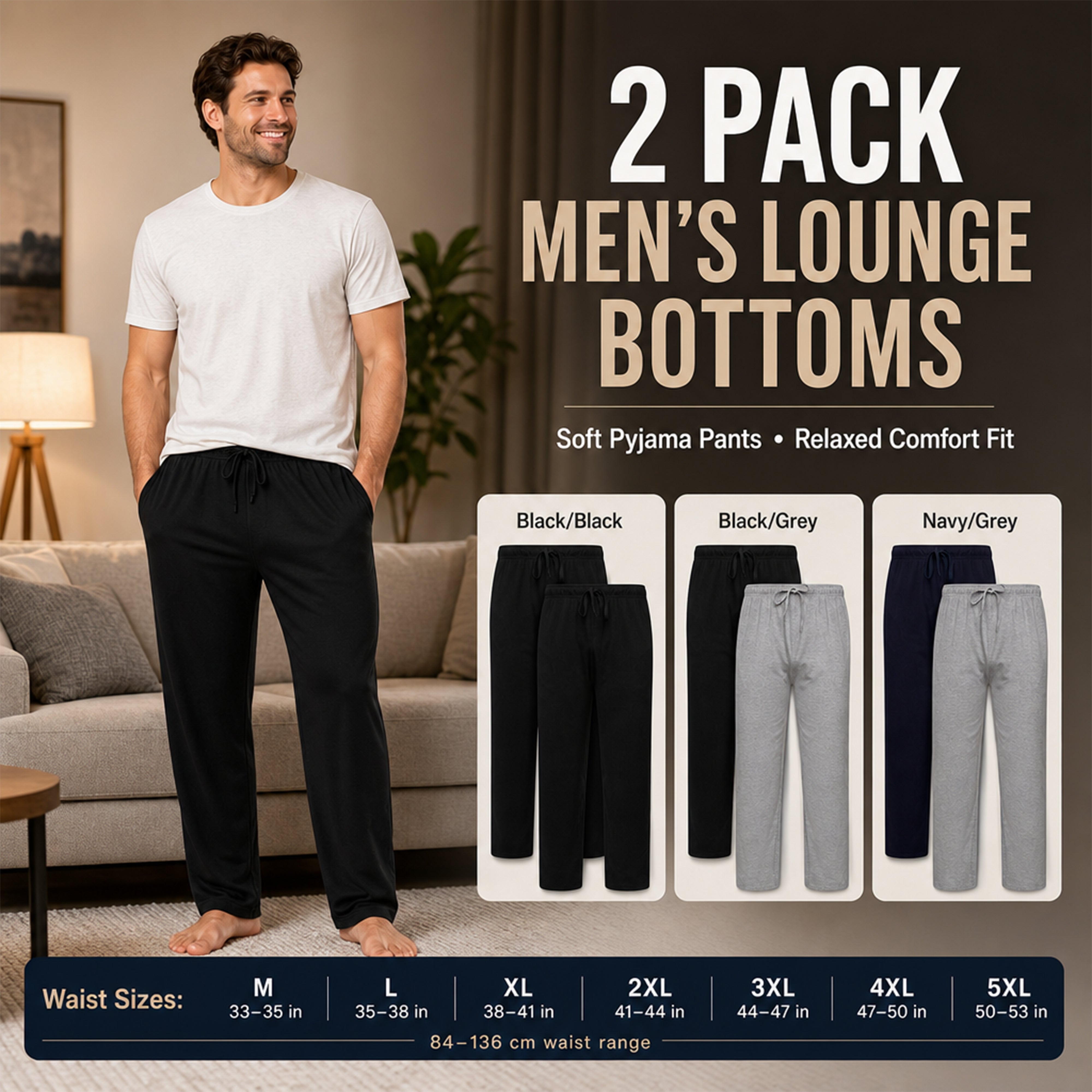 Sock Stack 2 Pack Mens Cotton Lounge Bottoms Stretchable PJ Pants Durable Cosy Cosy Super Soft Lounge Comfort - REGN