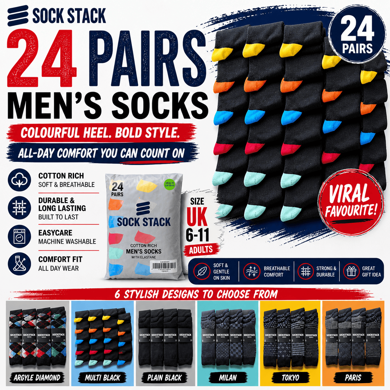 Sock Stack 24 Pairs Men's Cotton Colourful Heel Toe Black Argyle Diamond Easycare - REGN