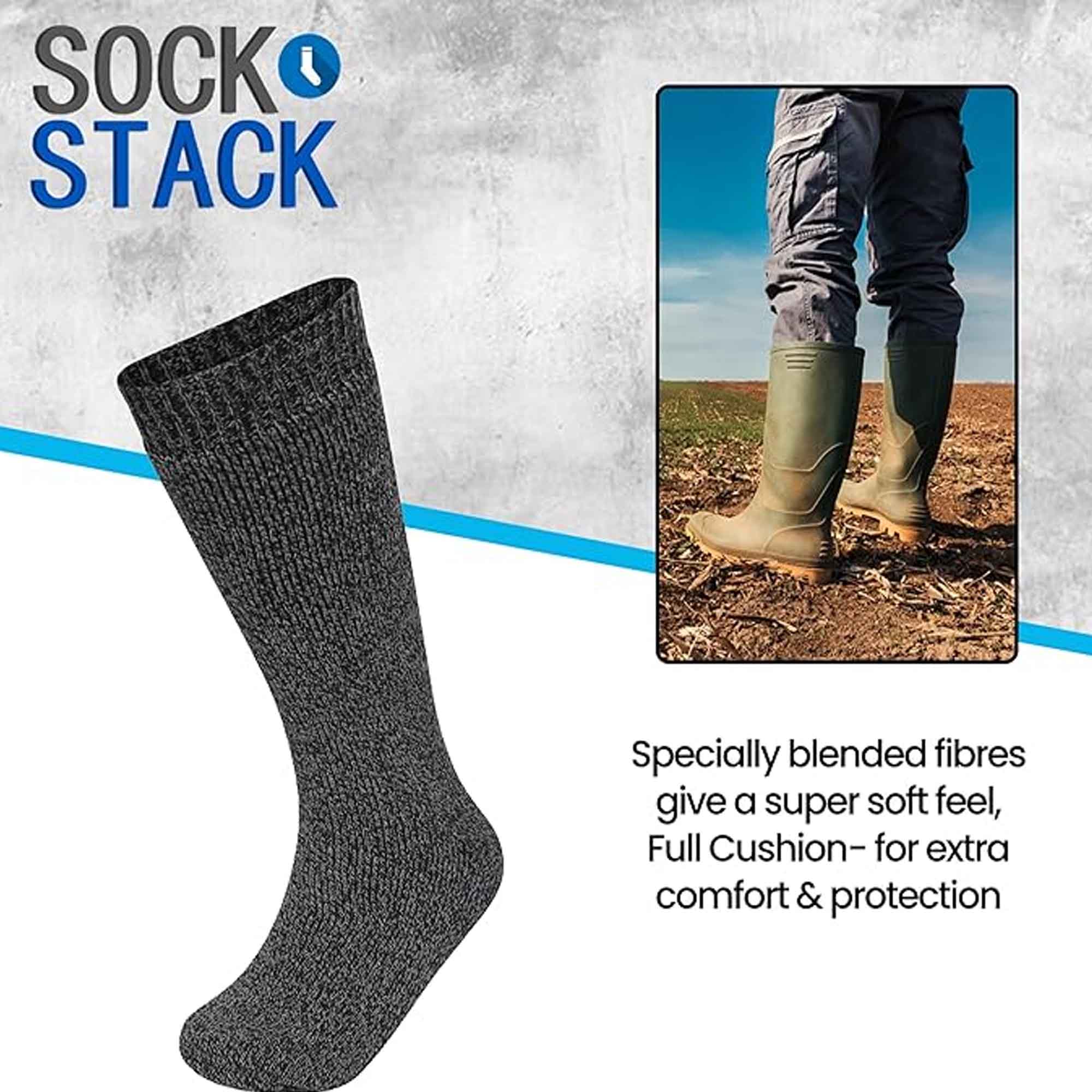 Sock Stack 3 Pack Mens Wellington Boot Socks Durable Cushioned Heel And Toe UK Size 6-11 - REGN