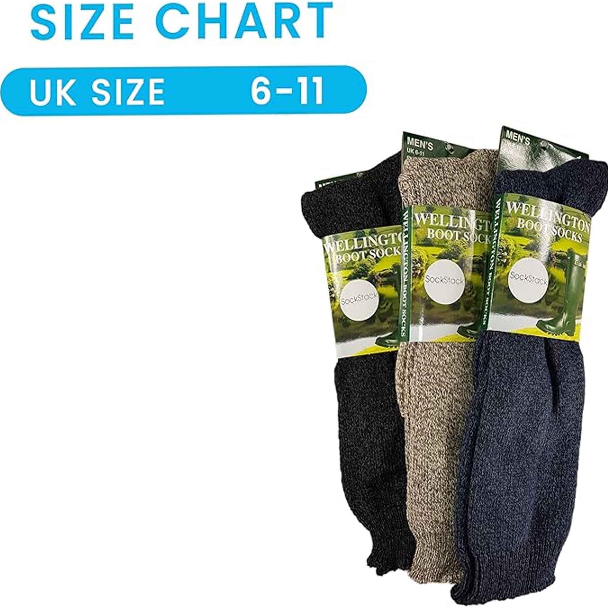 Sock Stack 3 Pack Mens Wellington Boot Socks Durable Cushioned Heel And Toe UK Size 6-11 - REGN