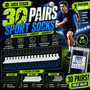 Sock Stack 30 Pairs Mens Cotton Rich Performance Sport Socks UK 6-11 Black Grey White Reinforced Heel Toe Multipack Value