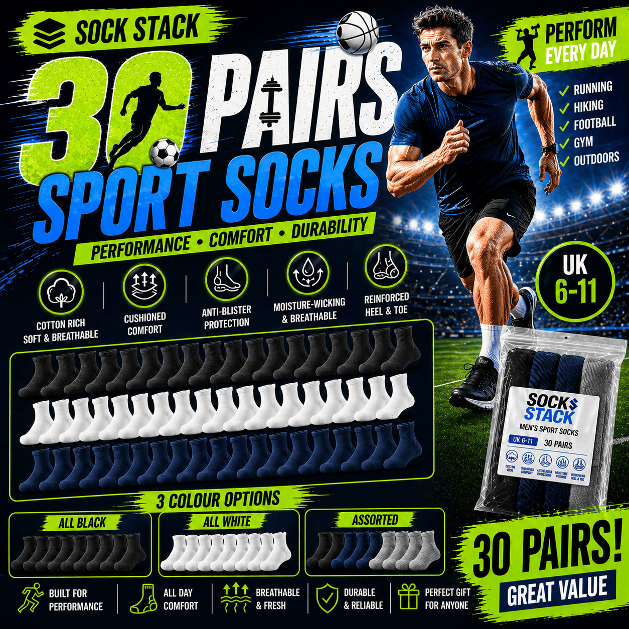 Sock Stack 30 Pairs Mens Cotton Rich Performance Sport Socks UK 6-11 Black Grey White Reinforced Heel Toe Multipack Value - REGN