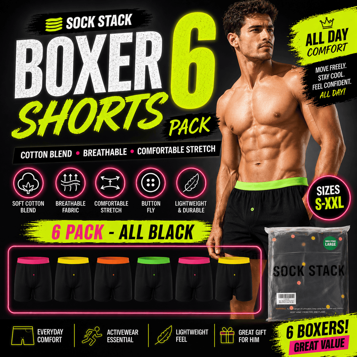 Sock Stack 6 Pack Black Cotton Blend Boxer Shorts Mens Breathable Stretch Colorful - REGN