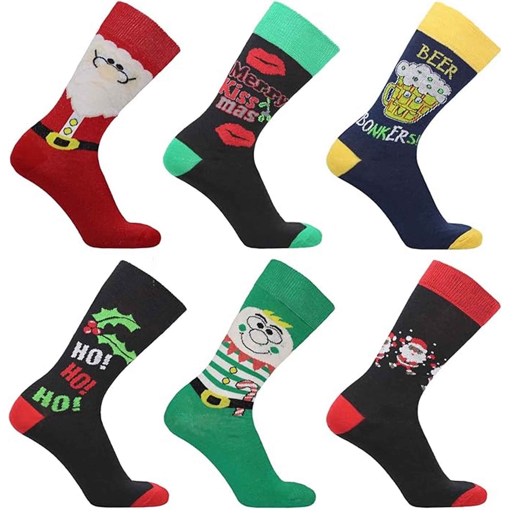 Sock Stack 6 Pack Men's Christmas Socks Cotton Rich All Over Holiday Designs Festive - REGN