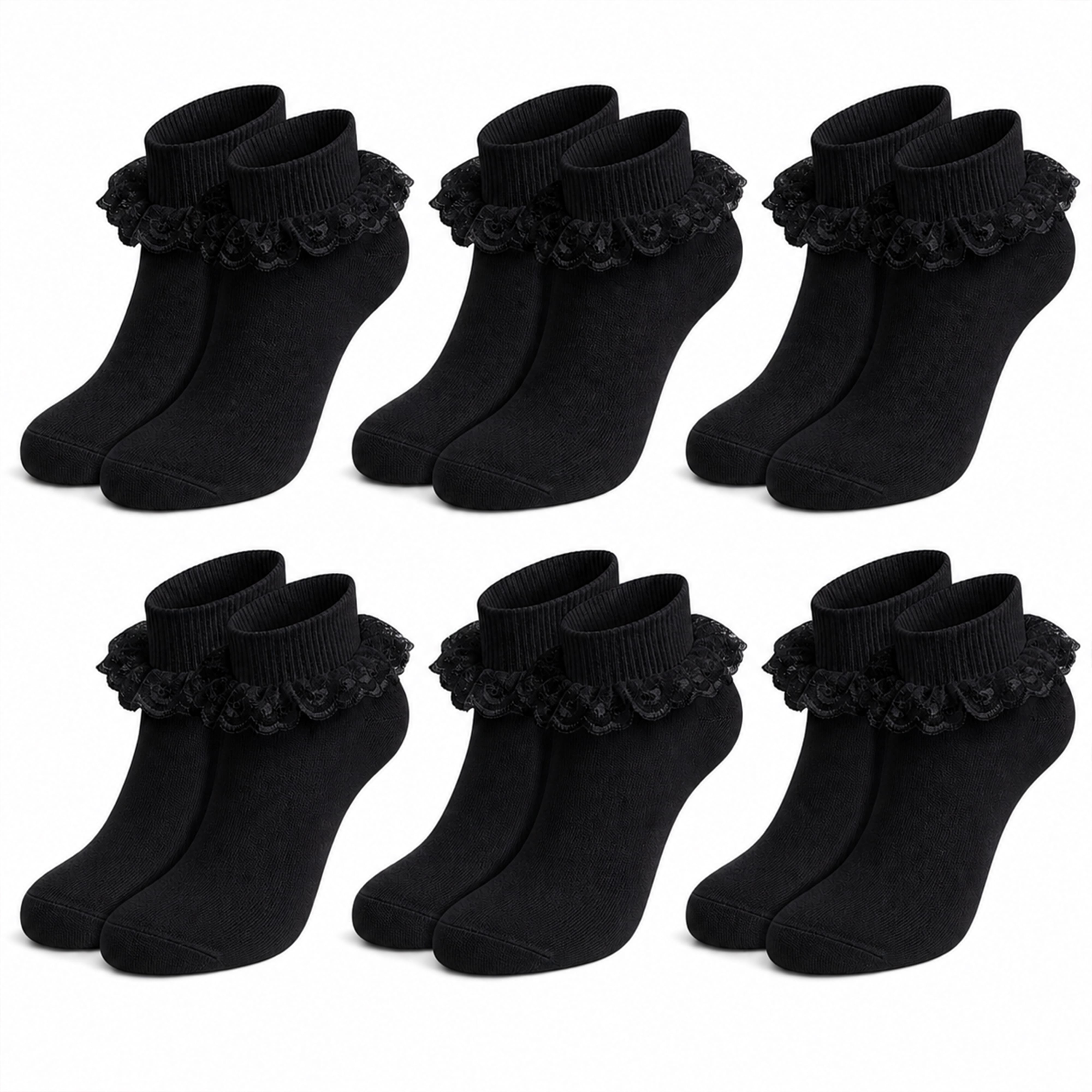 Sock Stack 6 Pairs Black Girls Tutu Frilly Ankle Socks With Lace And Bow Super Soft - REGN