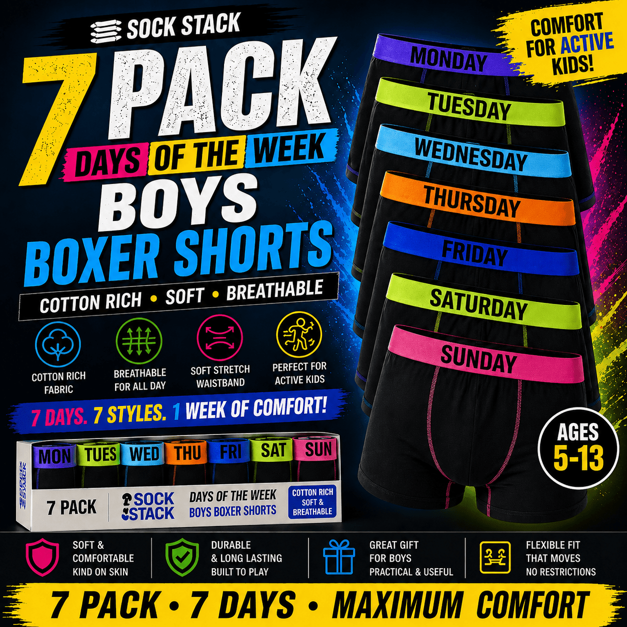 Sock Stack 7 Pack Boys Cotton Rich Boxer Shorts Trunks Ages 5-13 Assorted Colours - REGN