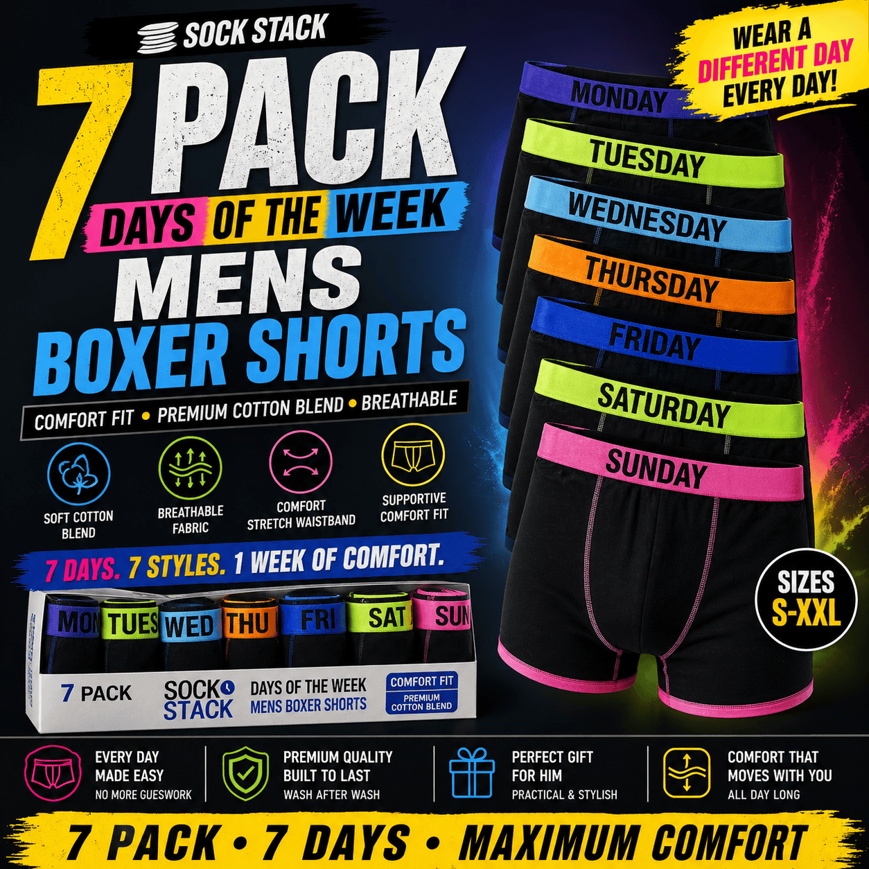 Sock Stack 7 Pack Days Of The Week Mens Boxer Shorts Comfort Fit Premium Cotton Blend - REGN
