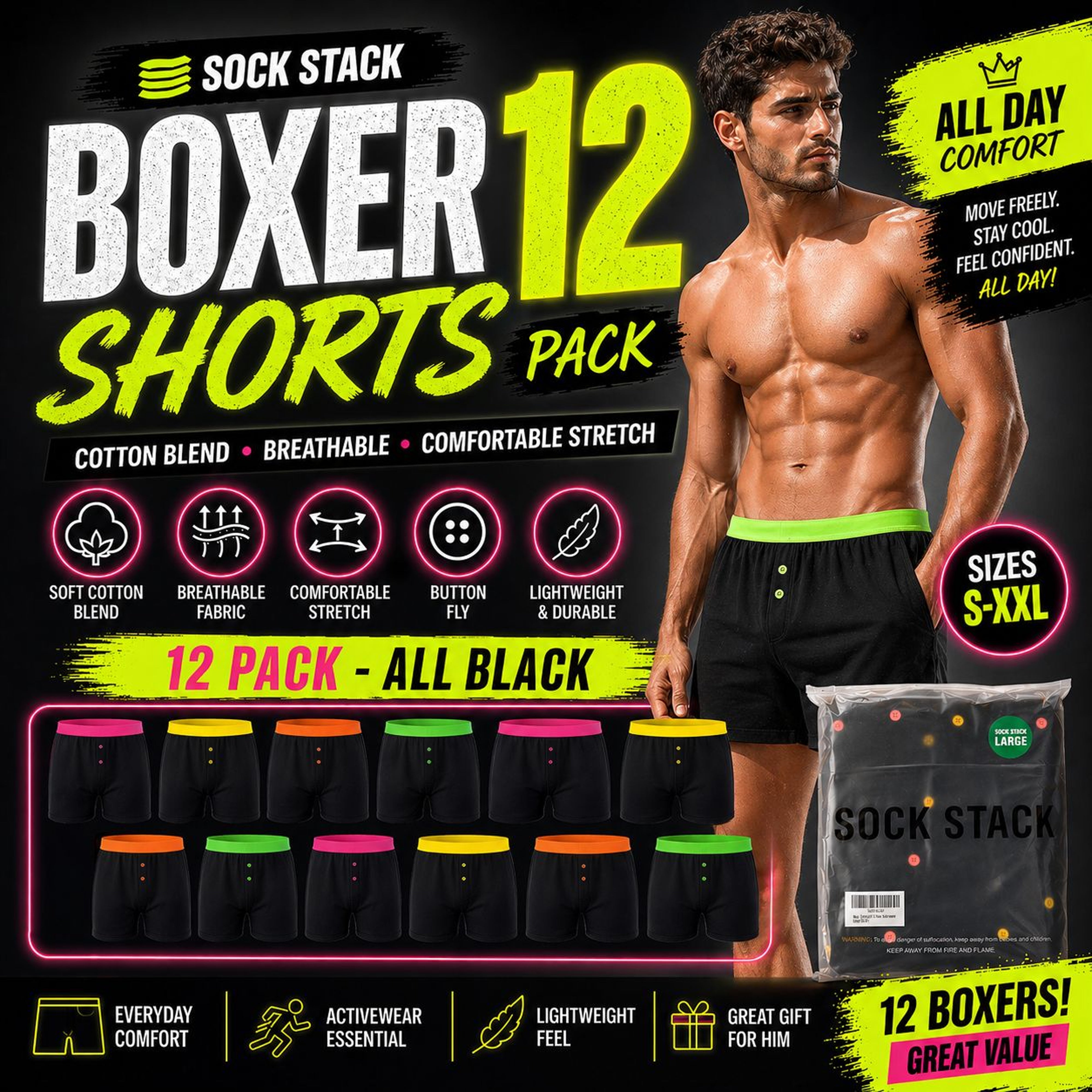 Sock Stack Boxer Shorts 12 Pack Black Cotton Blend Breathable Comfortable Stretch Button - REGN
