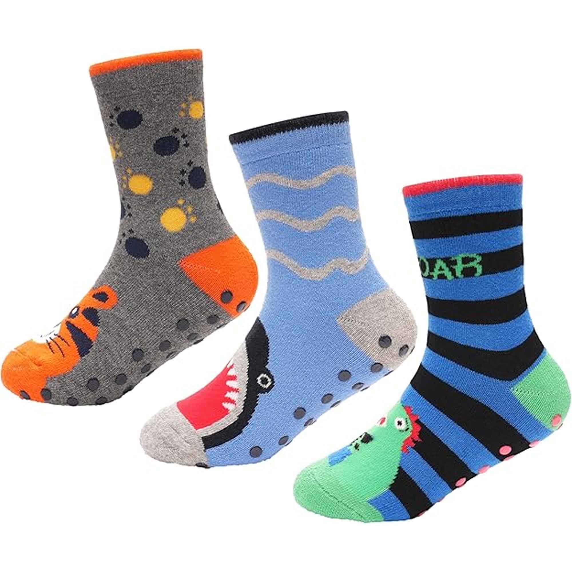 Sock Stack Boys Slipper Socks Three Pack 3 Pairs Non Slip Thermal Indoor Socks Dino Shark - REGN