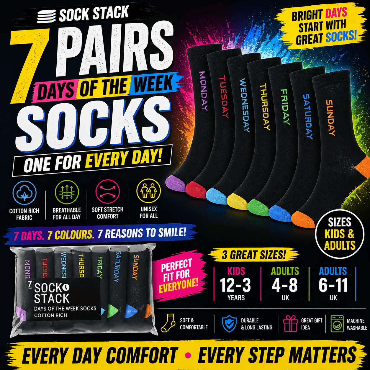 Sock Stack Days Of The Week Socks 7 Pack Cotton Rich Black With Multi colour Heel And Toe - REGN
