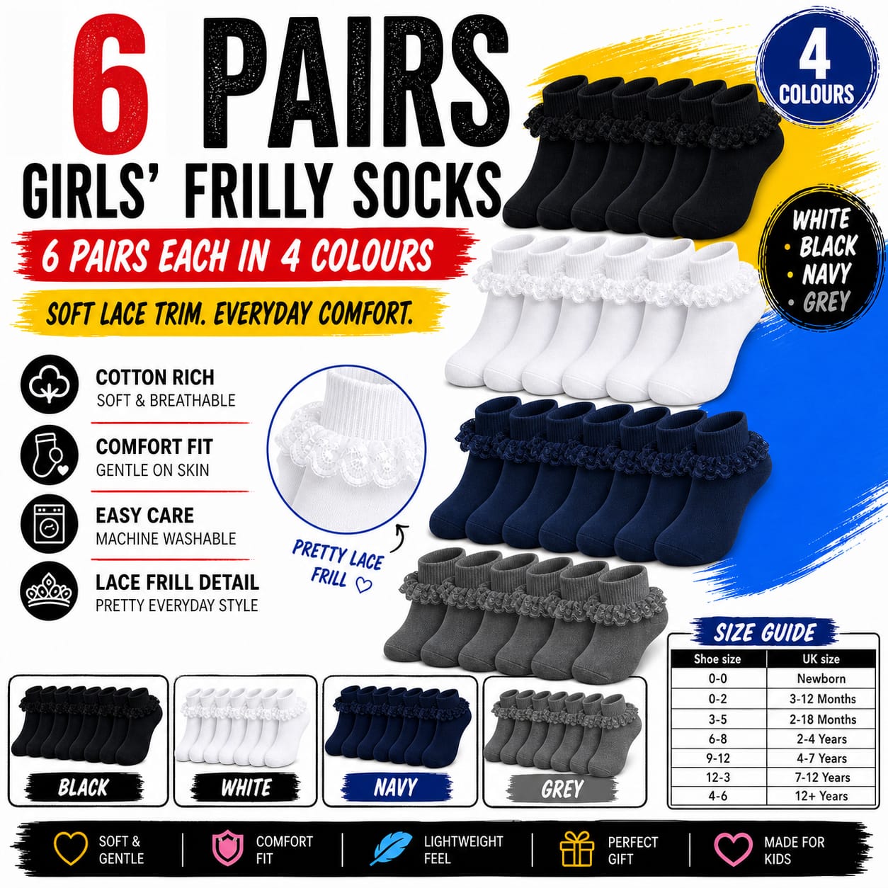 Sock Stack Girls Cotton Rich Frilly Ankle Socks 6 Pairs Durable Breathable Sculpted Heels - REGN