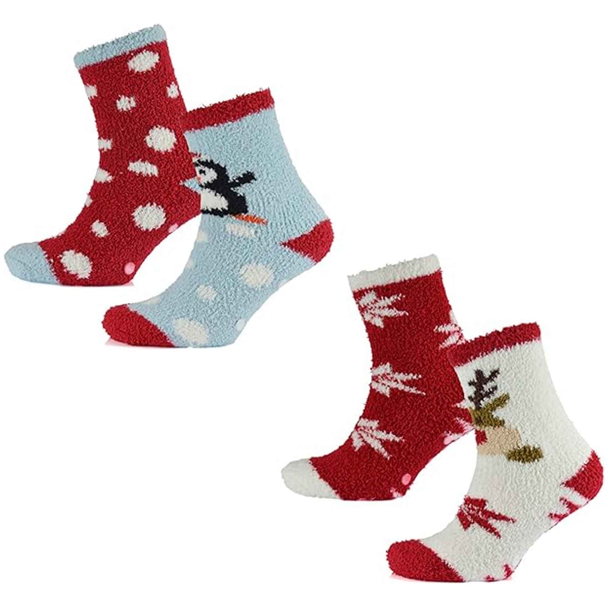 Sock Stack Ladies Christmas Slipper Socks Non Skid Gripper Soles 4 Pack Rudolph Super Soft Non-Slip Indoor Sock - REGN