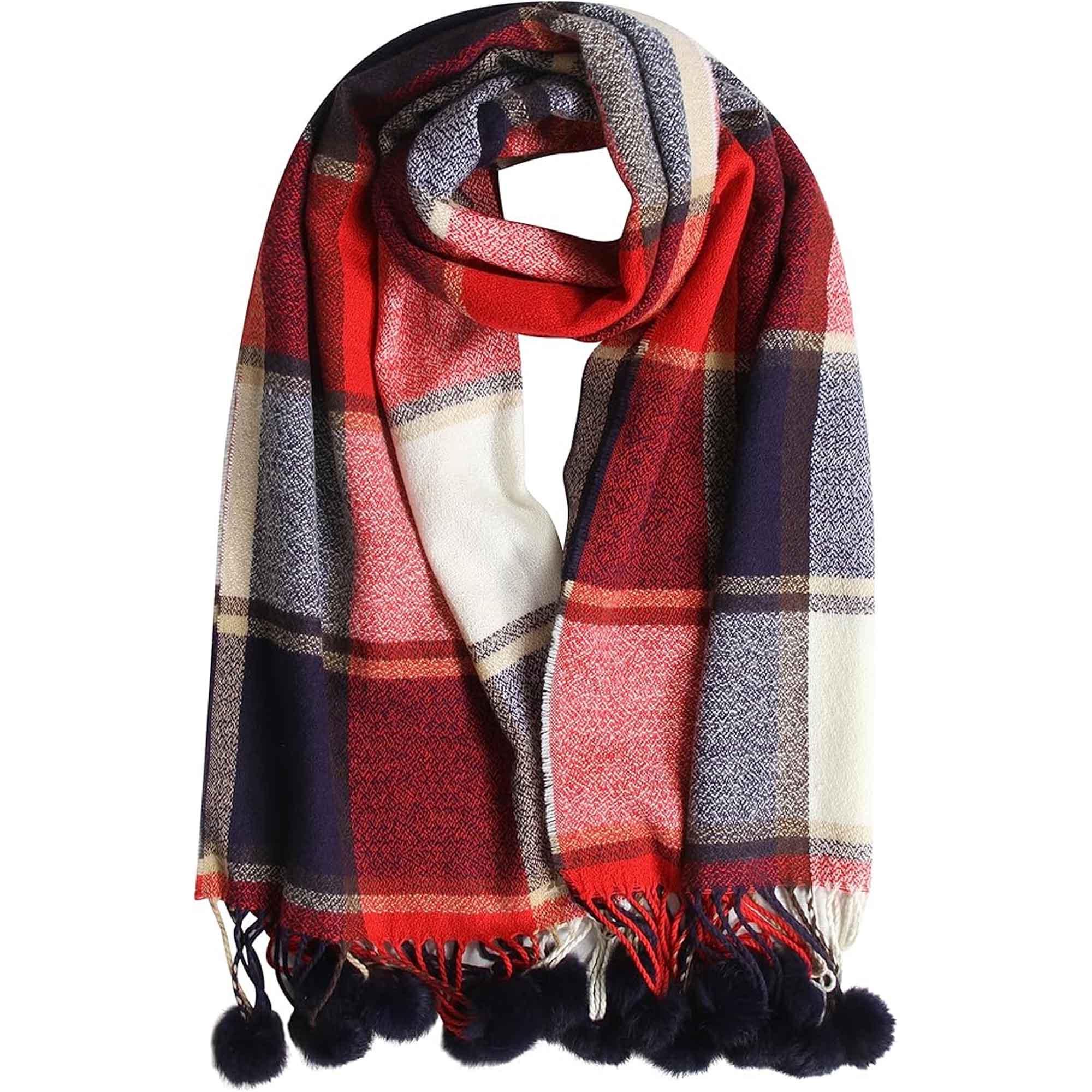 Sock Stack Luxurious Oversized Soft Touch Scarf Blanket With Pom Poms Red And Pink Check - REGN