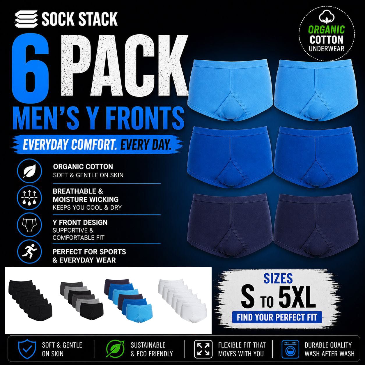 Sock Stack Men's 6 Pack Cotton Y-Front Briefs White 100% Cotton Soft Stretch Waistband - REGN