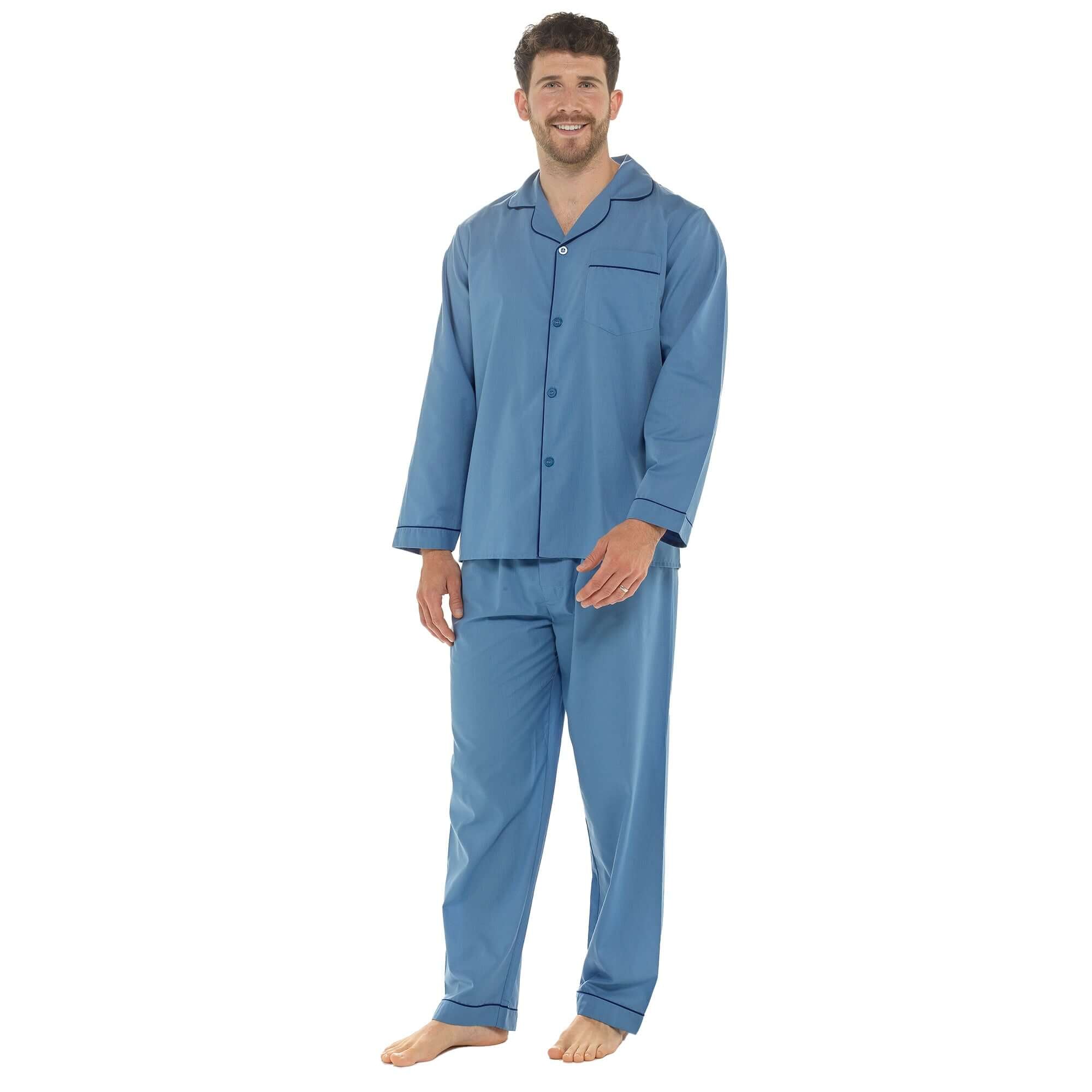 Sock Stack Mens Classic Blue Woven Pyjama Set Long Sleeve Button Top And Full Length - REGN