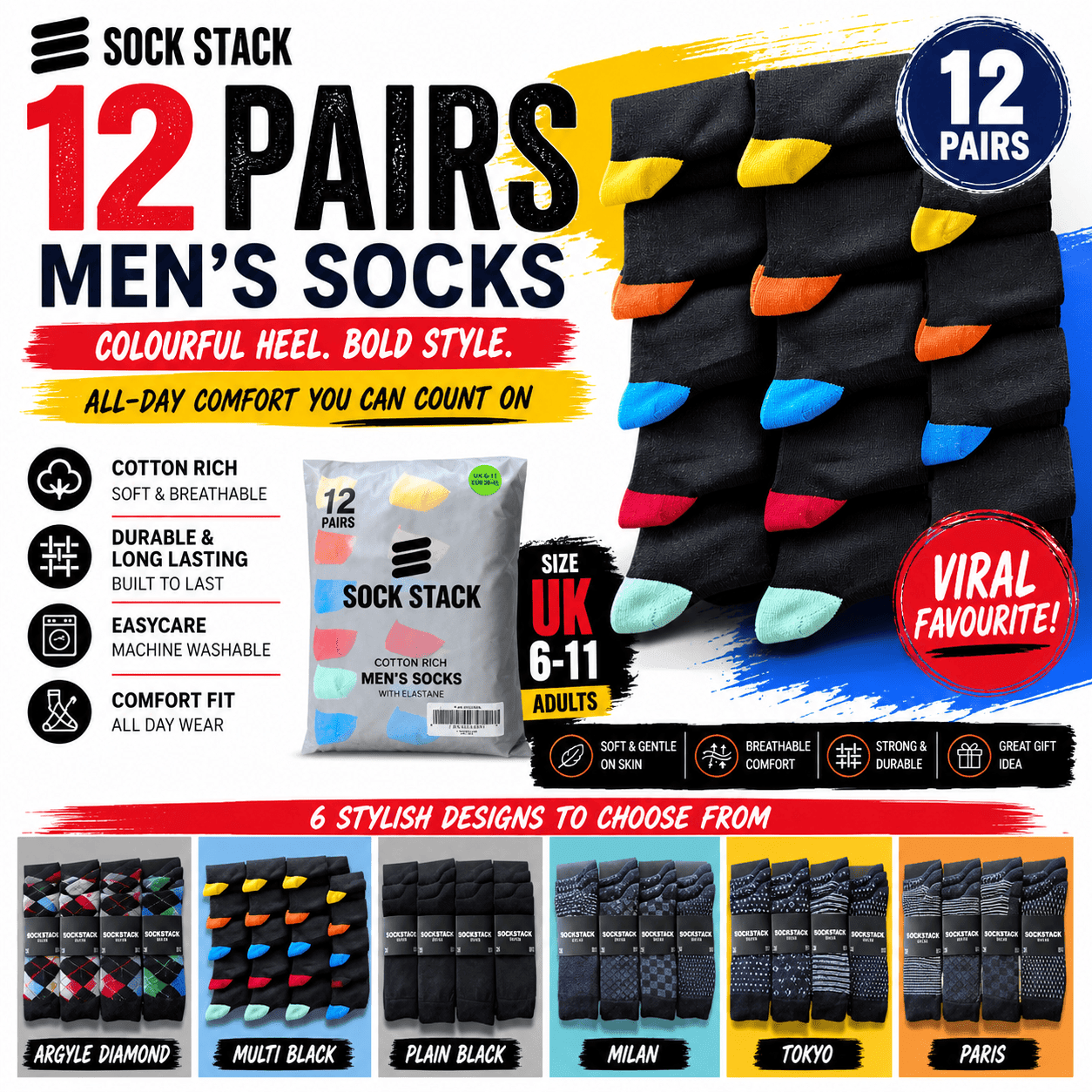 Sock Stack Men's Colourful Heel Toe Black Argyle Diamond Socks Cotton Rich Comfort Fit - REGN