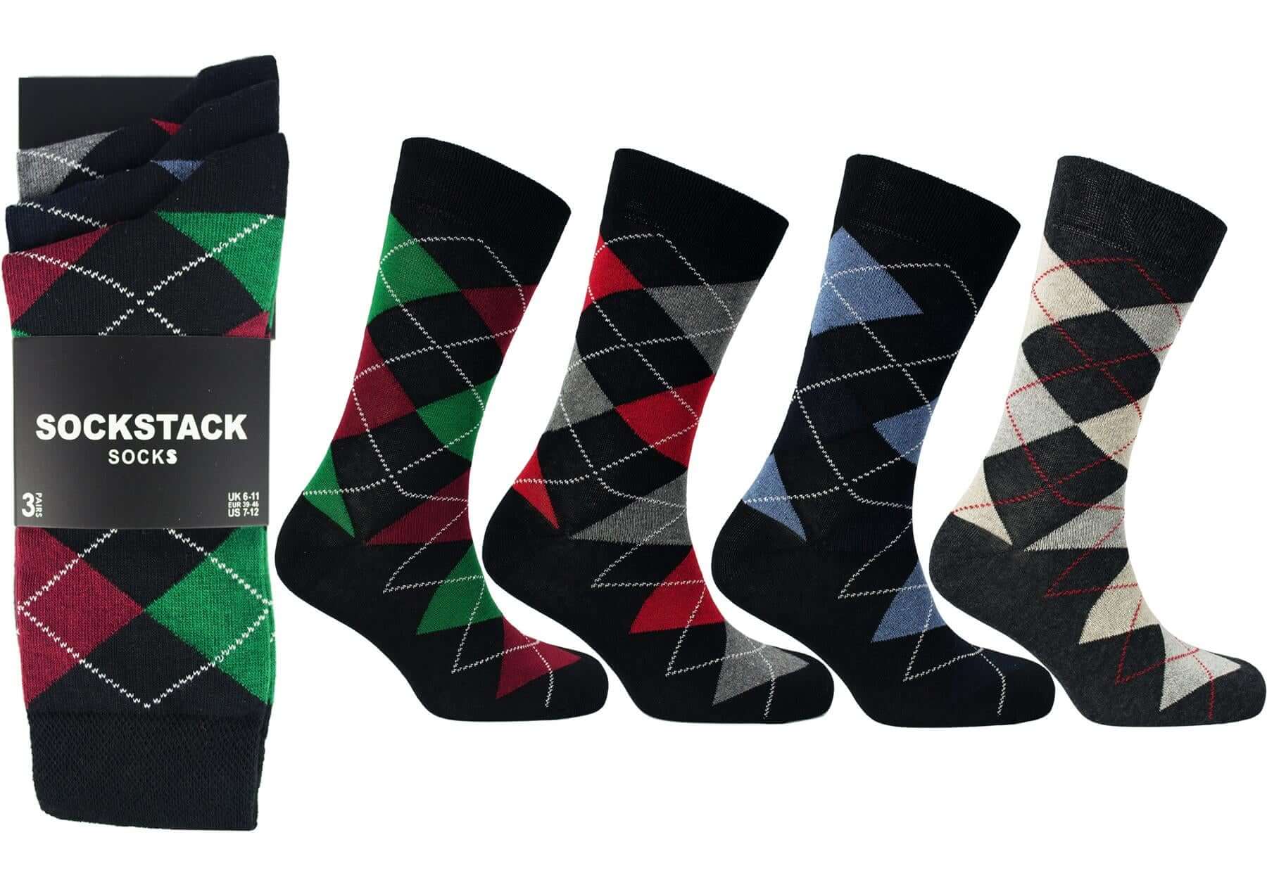 Sock Stack Men's Colourful Heel Toe Black Argyle Diamond Socks Cotton Rich Comfort Fit - REGN