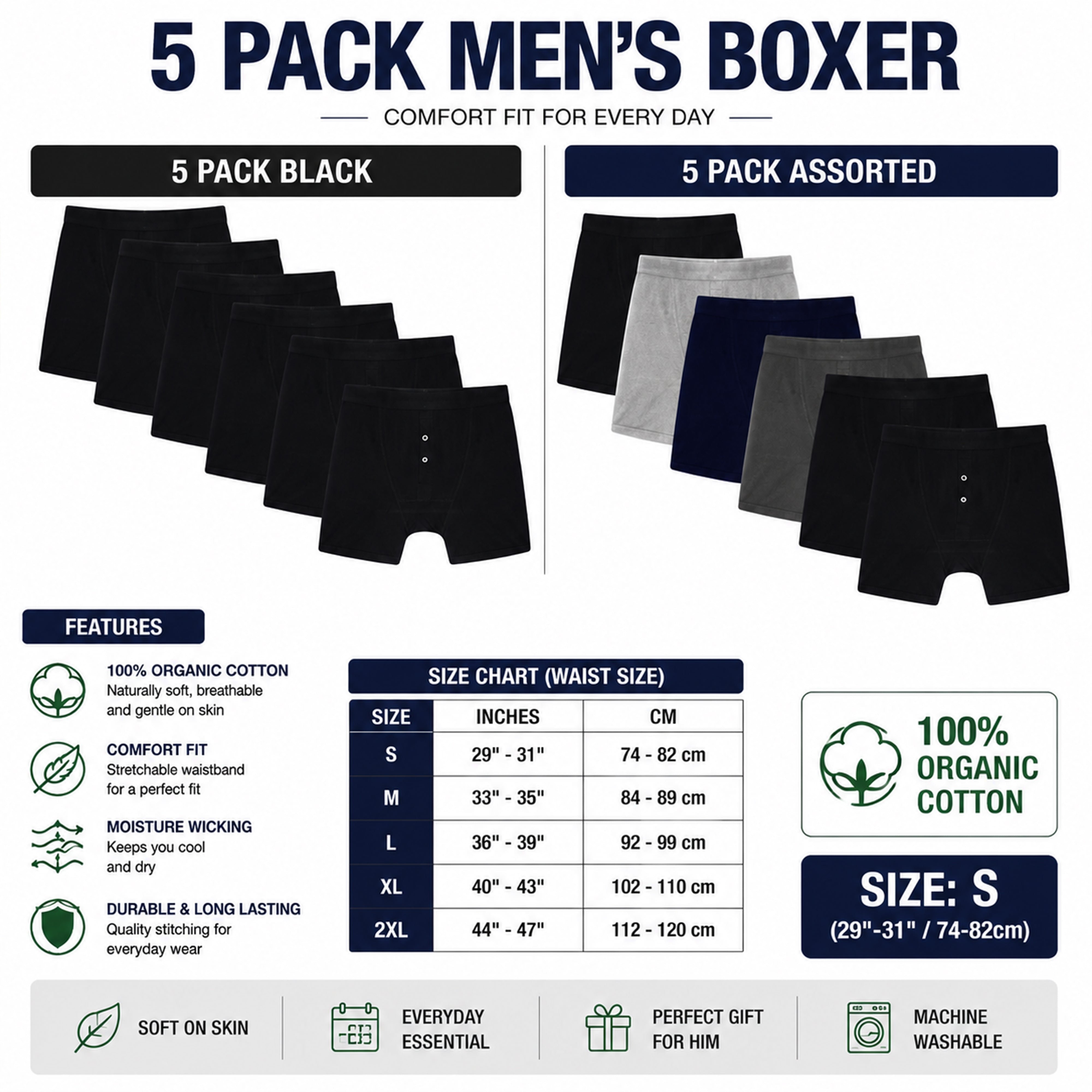 Sock Stack Men's Cotton Button Fly Boxer Shorts Pack Of 5 Breathable Stretch Gym Sports - REGN