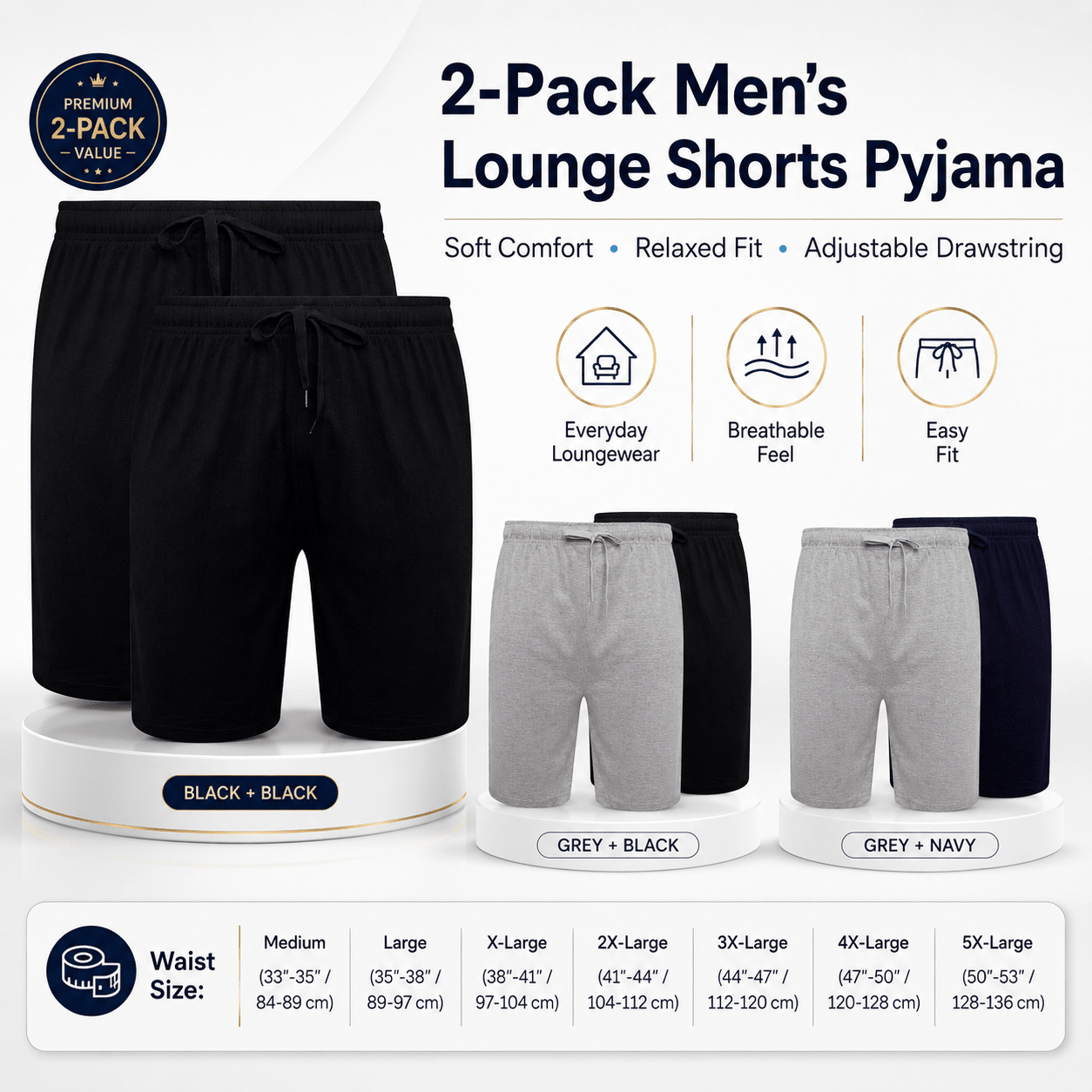 Sock Stack Men's Cotton Lounge Shorts Stretchable 2 Pack Black Navy Grey Durable - REGN
