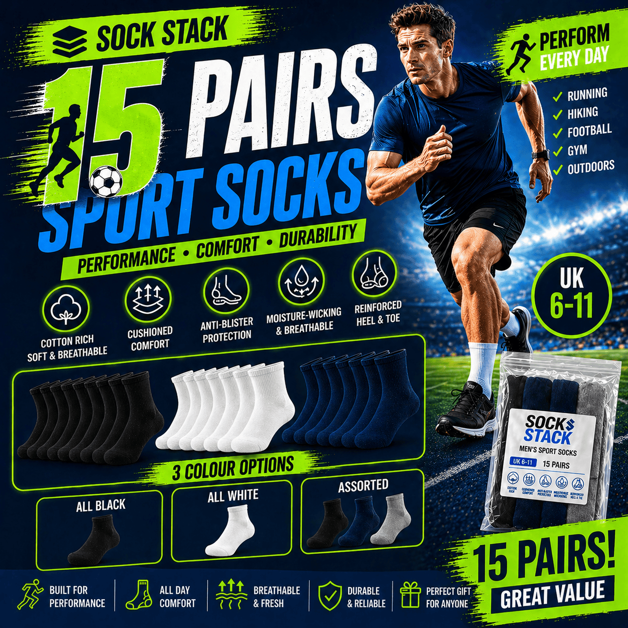 Sock Stack Mens Cotton Rich Performance Sport Socks 15 Pairs UK 6-11 Black Grey White Comfort Cuff Everyday Wear - REGN