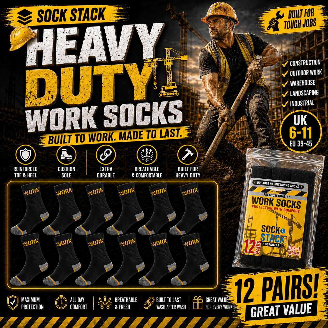 Sock Stack Men's Heavy Duty Work Socks 12 Pairs Cushion Sole Reinforced Toe Heel Black Breathable Cotton Rich Everyday Pack - REGN