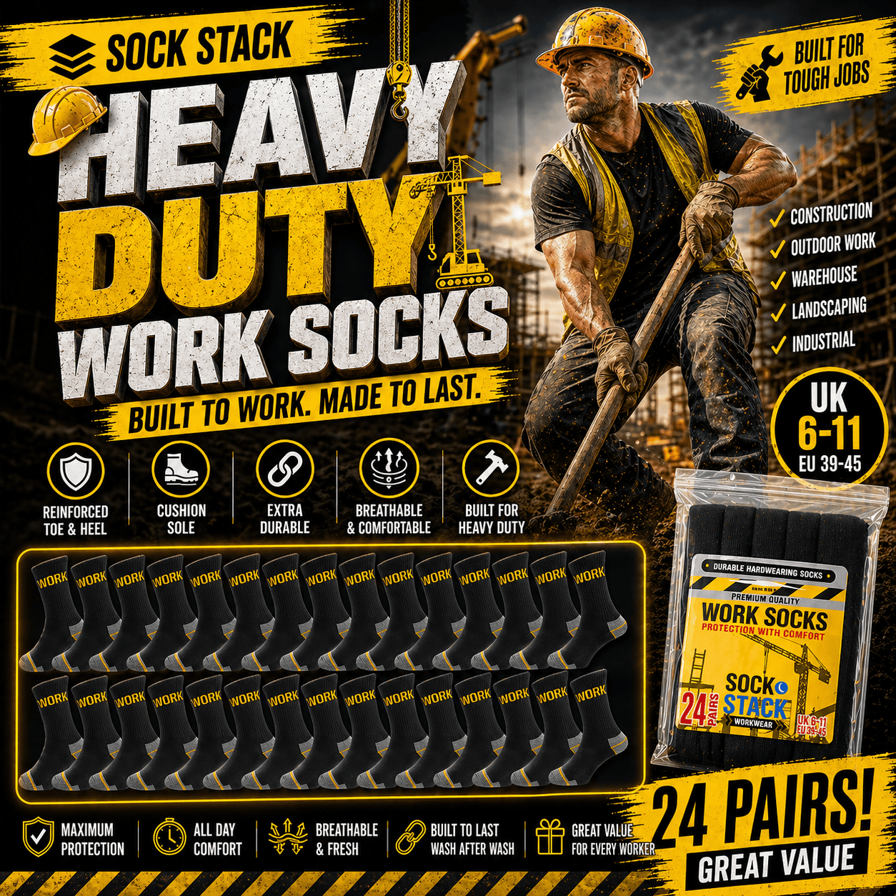 Sock Stack Mens Heavy Duty Work Socks 24 Pairs Cushion Sole Reinforced Toe And Heel Black Comfort Cuff Breathable Everyday - REGN