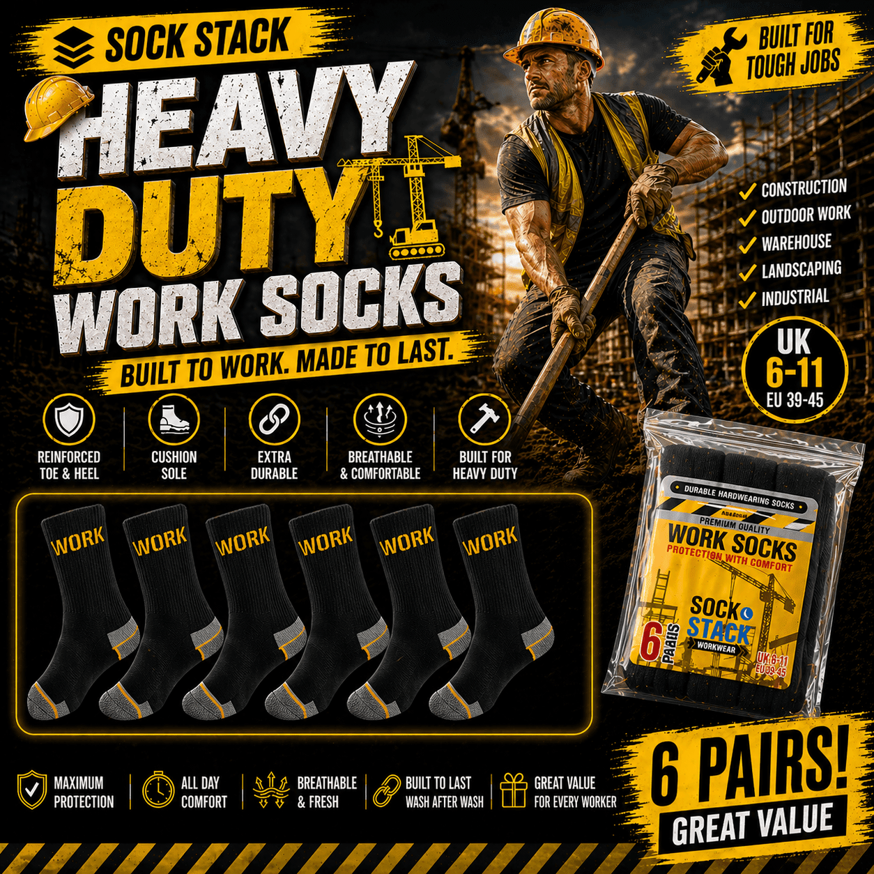 Sock Stack Mens Heavy Duty Work Socks 6 Pairs Cushion Sole Reinforced Toe And Heel Black Cotton Rich Everyday Comfort Pack - REGN