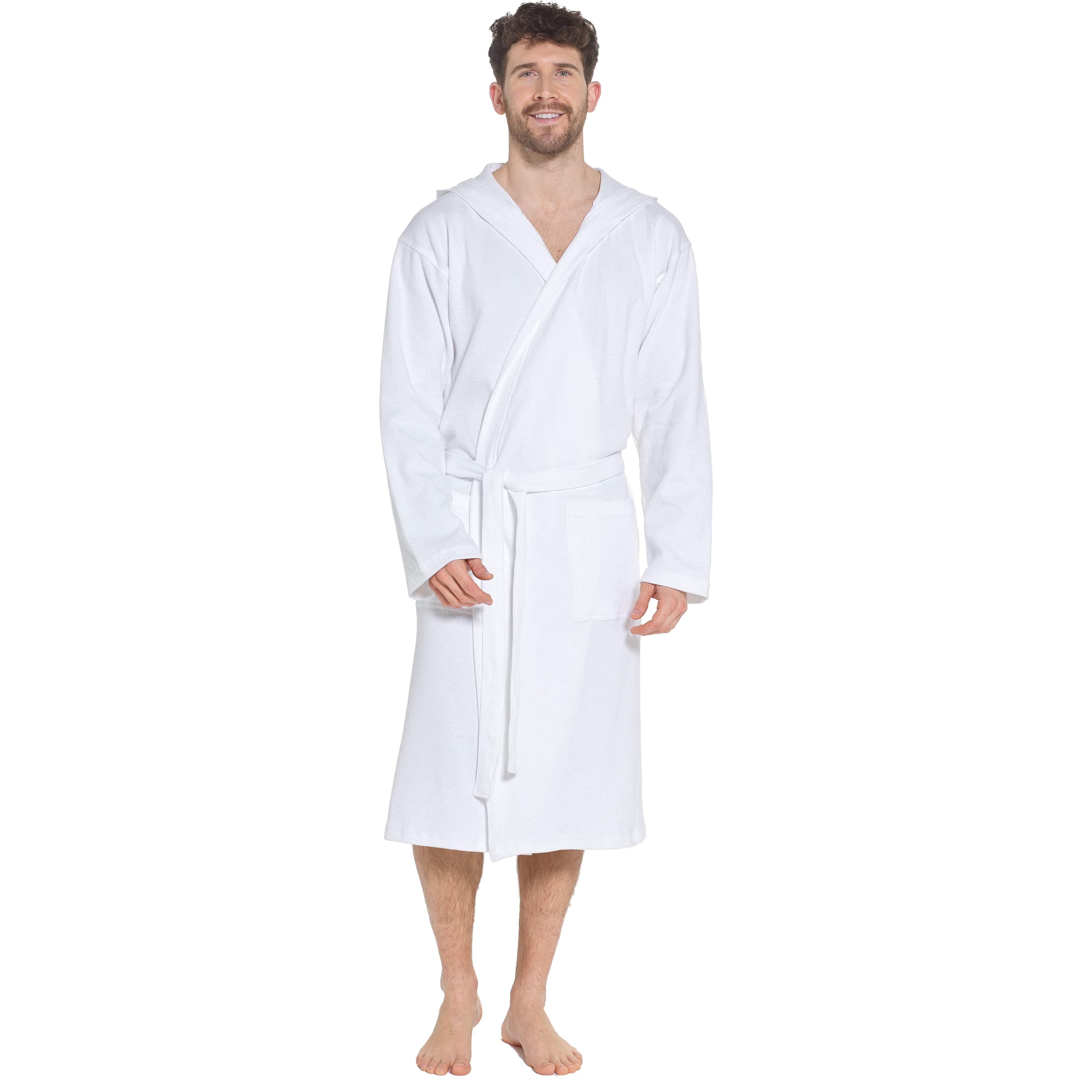 Sock Stack Men’s Hooded Cotton Bathrobe Waffle Knit White Super Absorbent Easy Care - REGN