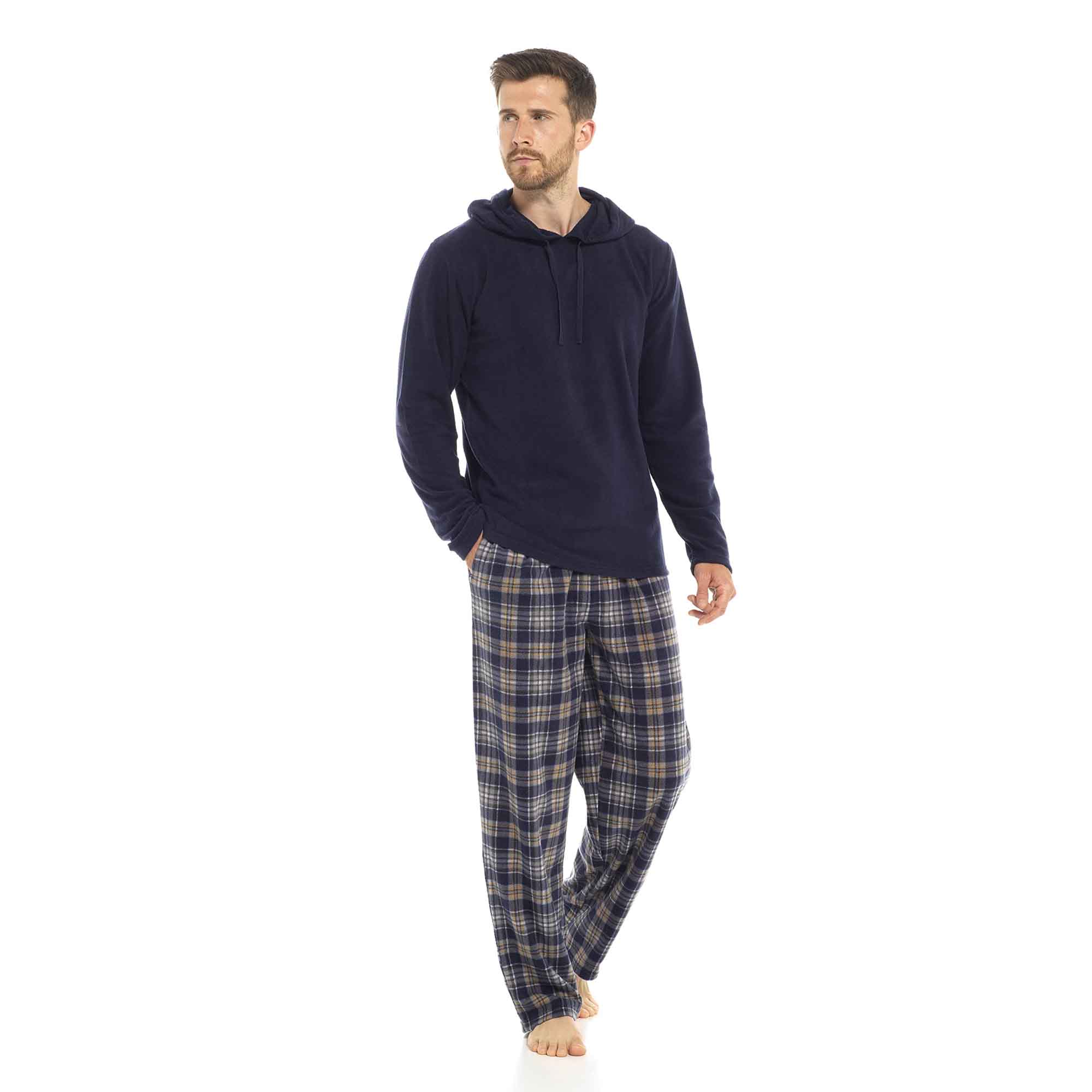 Sock Stack Men's Hooded Fleece Pyjama Set Winter Nightwear With Check Pattern And Checked - REGN