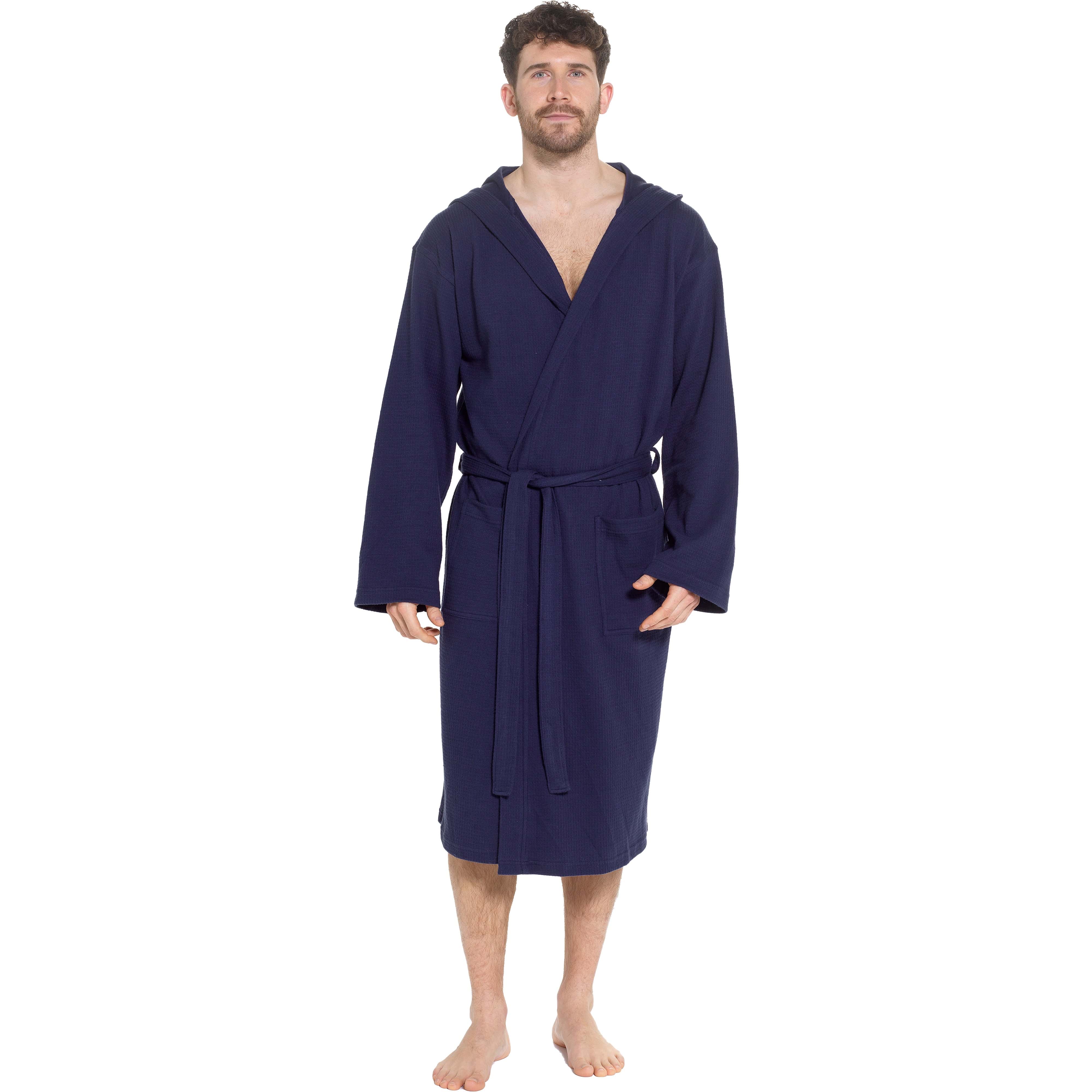 Sock Stack Men's Hooded Waffle Cotton Bathrobe Navy 100% Cotton Super Absorbent Spa - REGN
