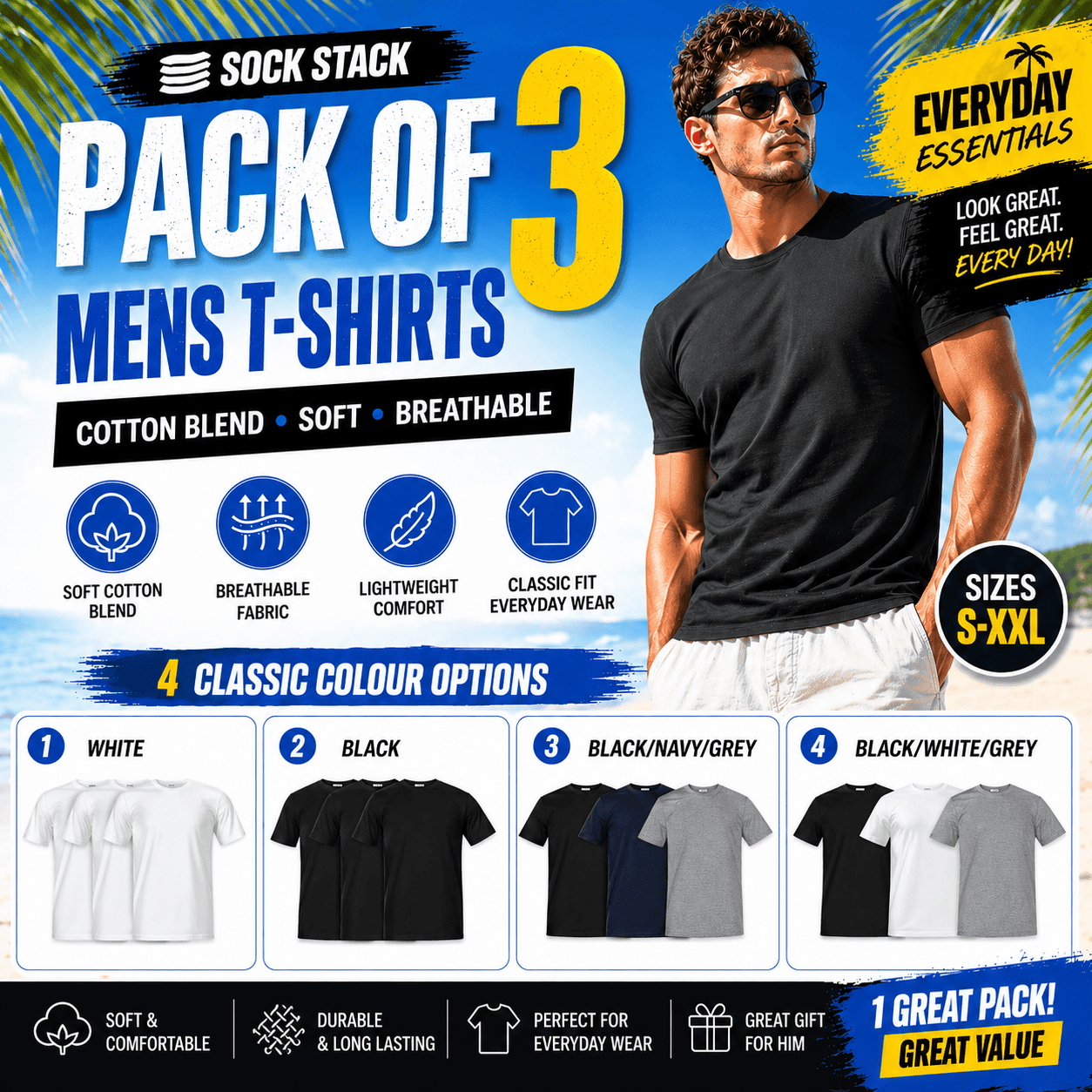 Sock Stack Men's Plain T-Shirts Pack Of 3 Short Sleeve Soft Breathable Cotton Blend - REGN