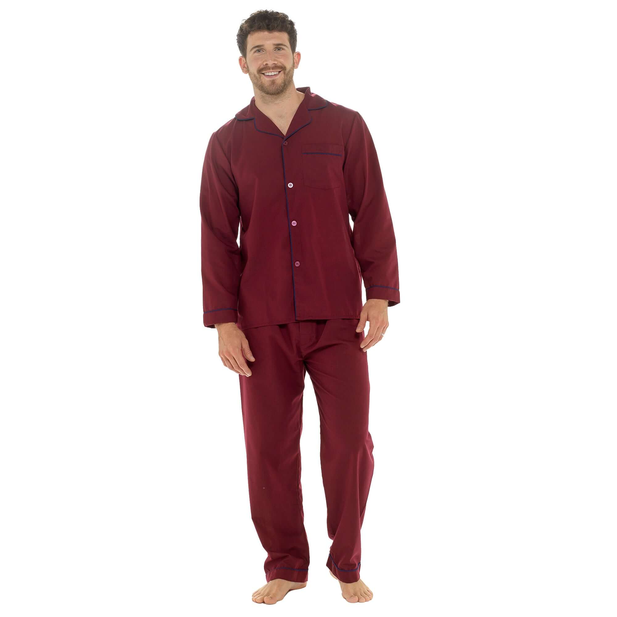 Sock Stack Men's Red Woven Pyjama Set Long Sleeve Button Top And Full-Length Bottoms - REGN