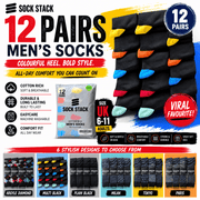 Sock Stack Mens Socks 12 Pairs Cotton Colorful Heel Toe Black Argyle Diamond Easycare