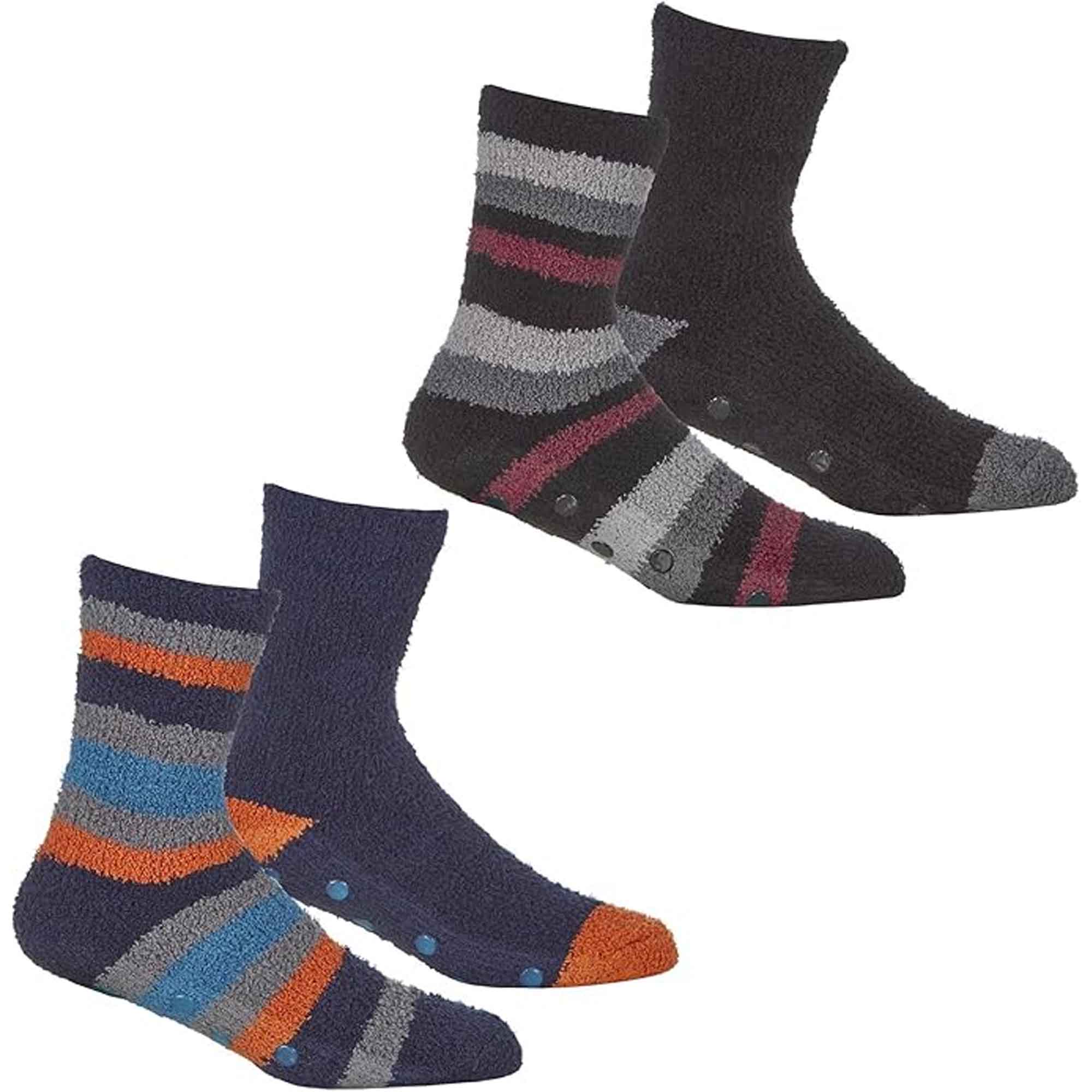 Sock Stack Men's Striped Fluffy Slipper Socks 4 Pack Warm Fleece Non-Skid Gripper Soles - REGN