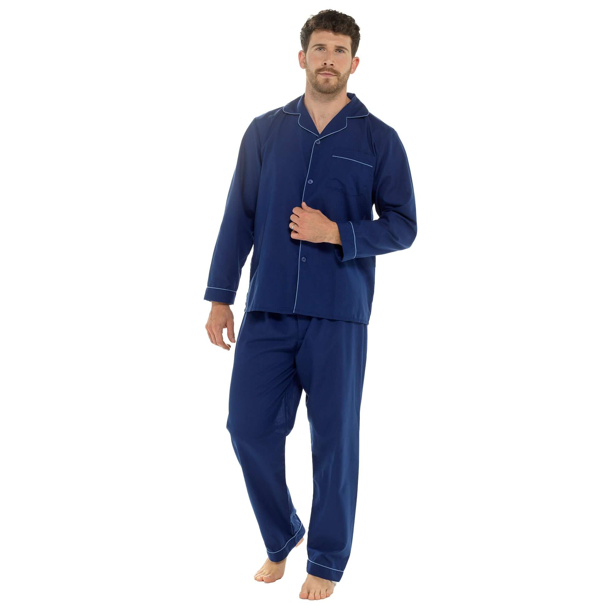 Sock Stack Men's Woven Pyjama Set Navy Long Sleeve Button Top And Full Length Bottoms - REGN