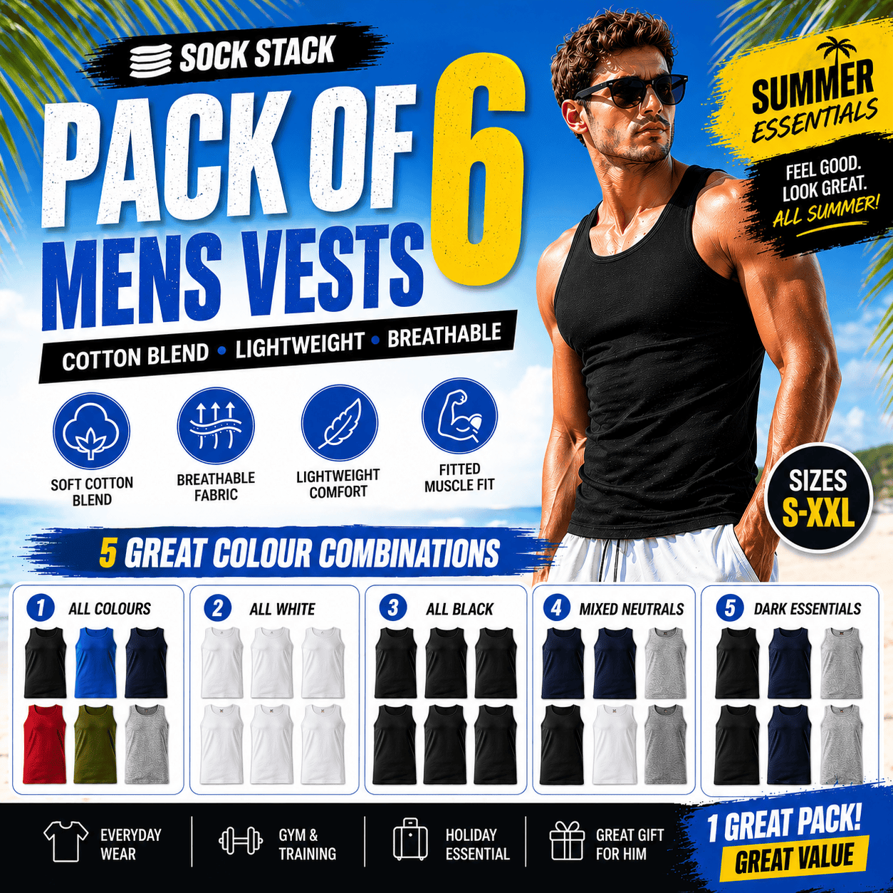 Sock Stack Pack Of 6 Mens Cotton Blend Gym Muscle Vests Fitted Lightweight Breathable - REGN